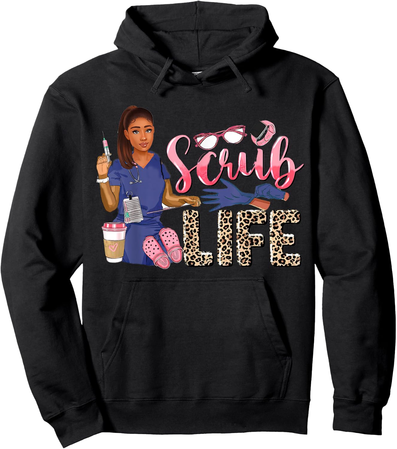 Scrub Life African American Women Leopard Nurse Clothing Hoodie - Hoodie | Black