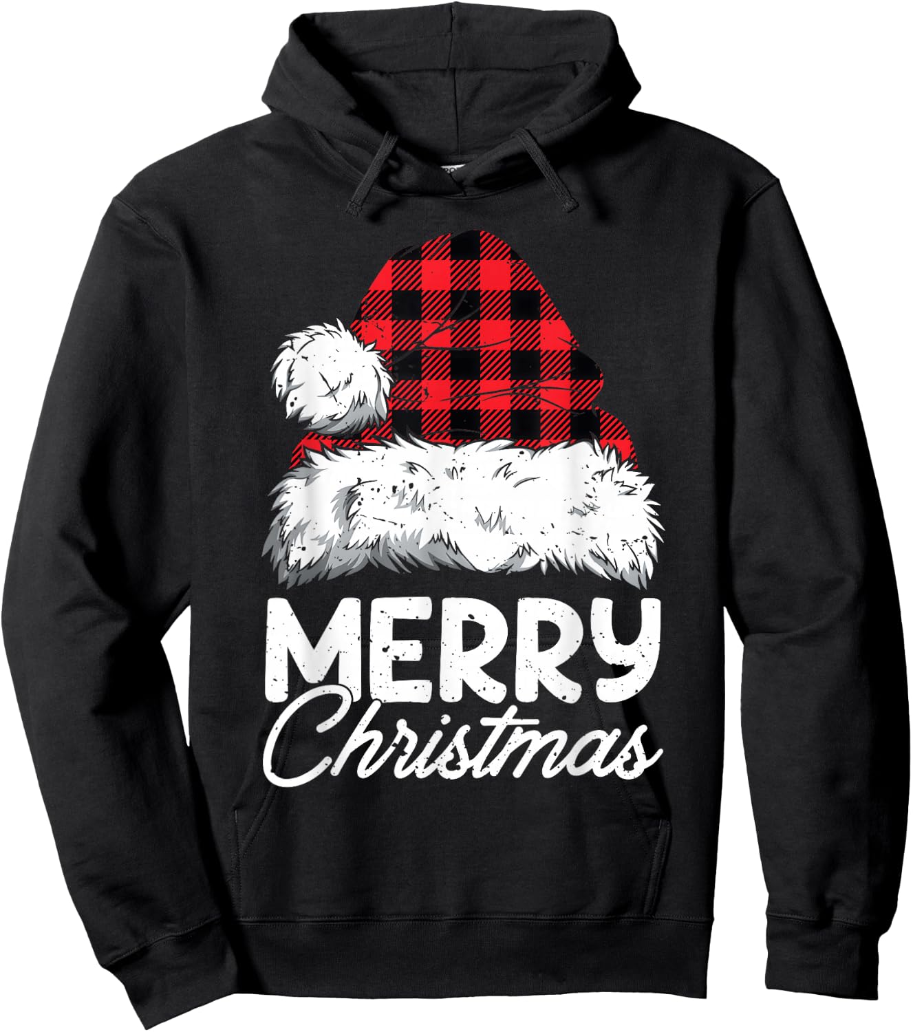 Merry Christmas Buffalo Plaid Red Santa Hat Xmas Pajamas Hoodie - Hoodie | Black