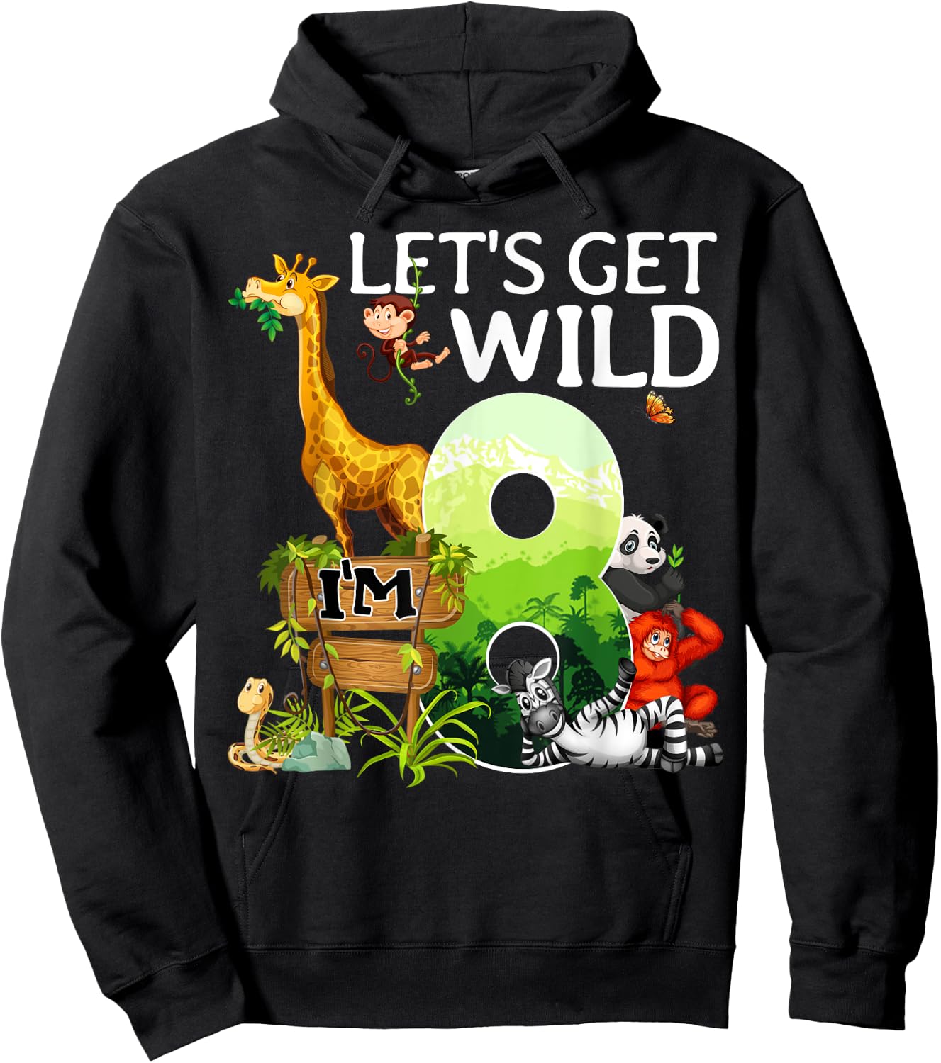 8th Birthday Boys Girls 8 Years Old Safari Jungle Animal Zoo Hoodie - Hoodie | Black