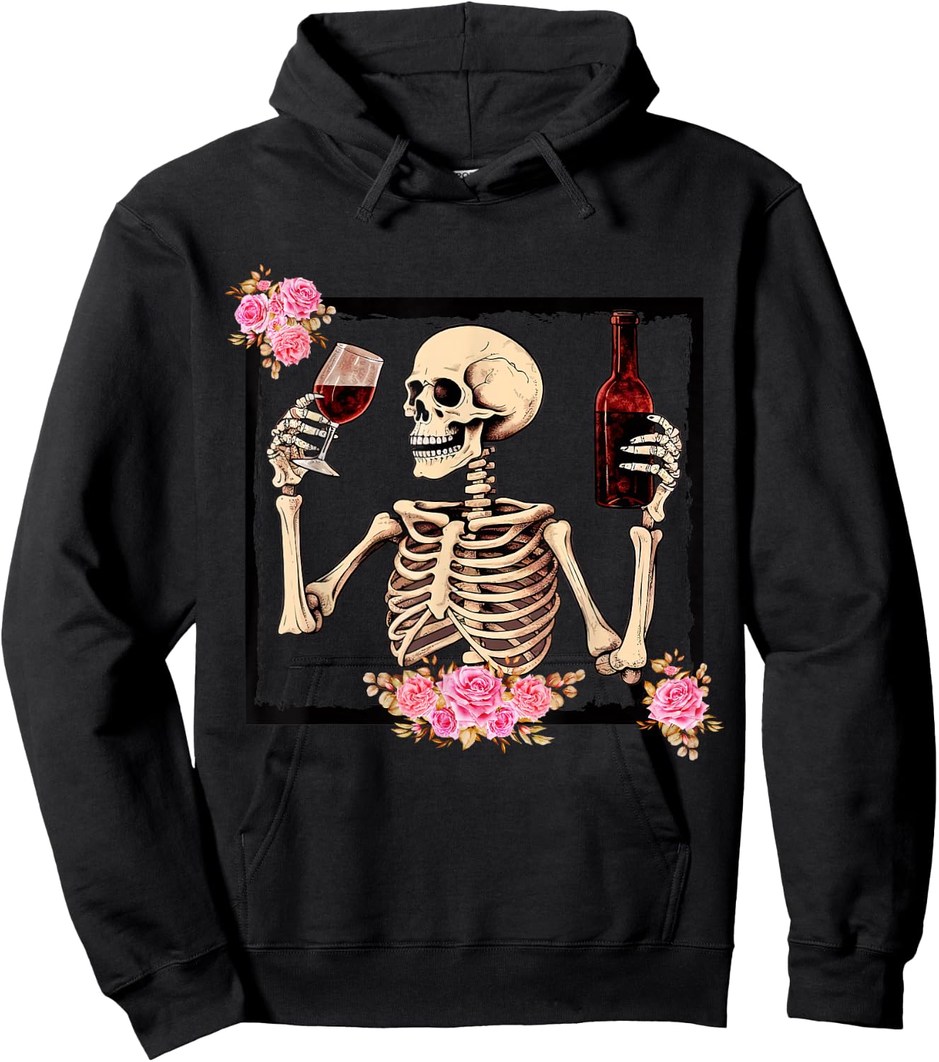 Halloween Funny Hallo-Wine Floral Skeleton Drinking Wine Hoodie - Hoodie | Black