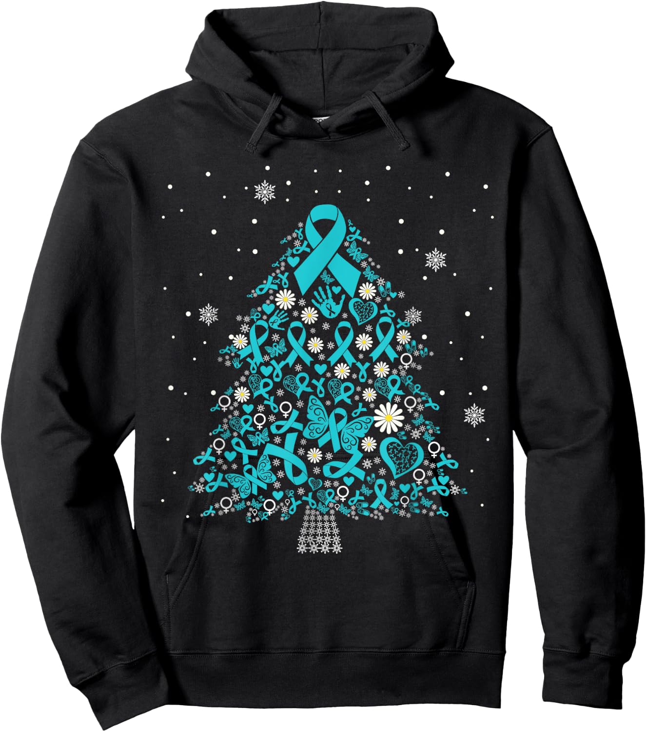 ovarian cancer awareness Christmas tree teal ribbon Hoodie - Hoodie | Black