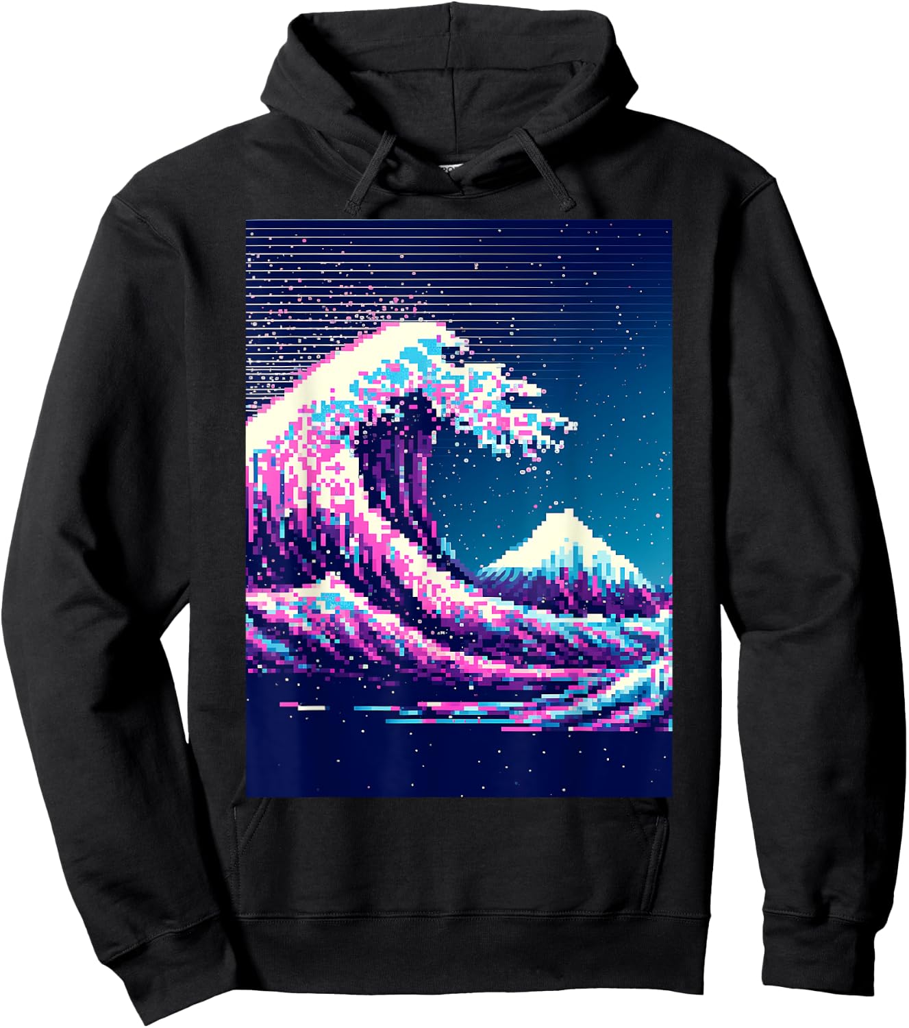 Vaporwave Glitch Aesthetic Great Wave off Kanagawa Retro Hoodie - Hoodie | Black