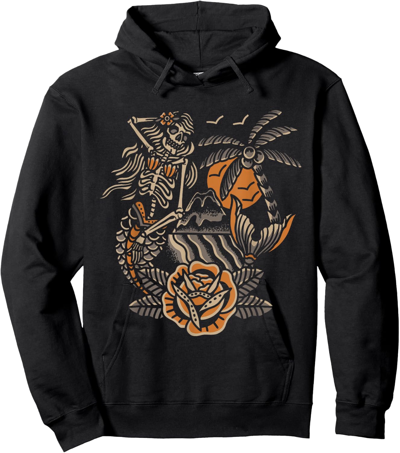 Mermaid Skeleton Traditional Tattoo Old School Tattoo Flash Hoodie - Hoodie | Black