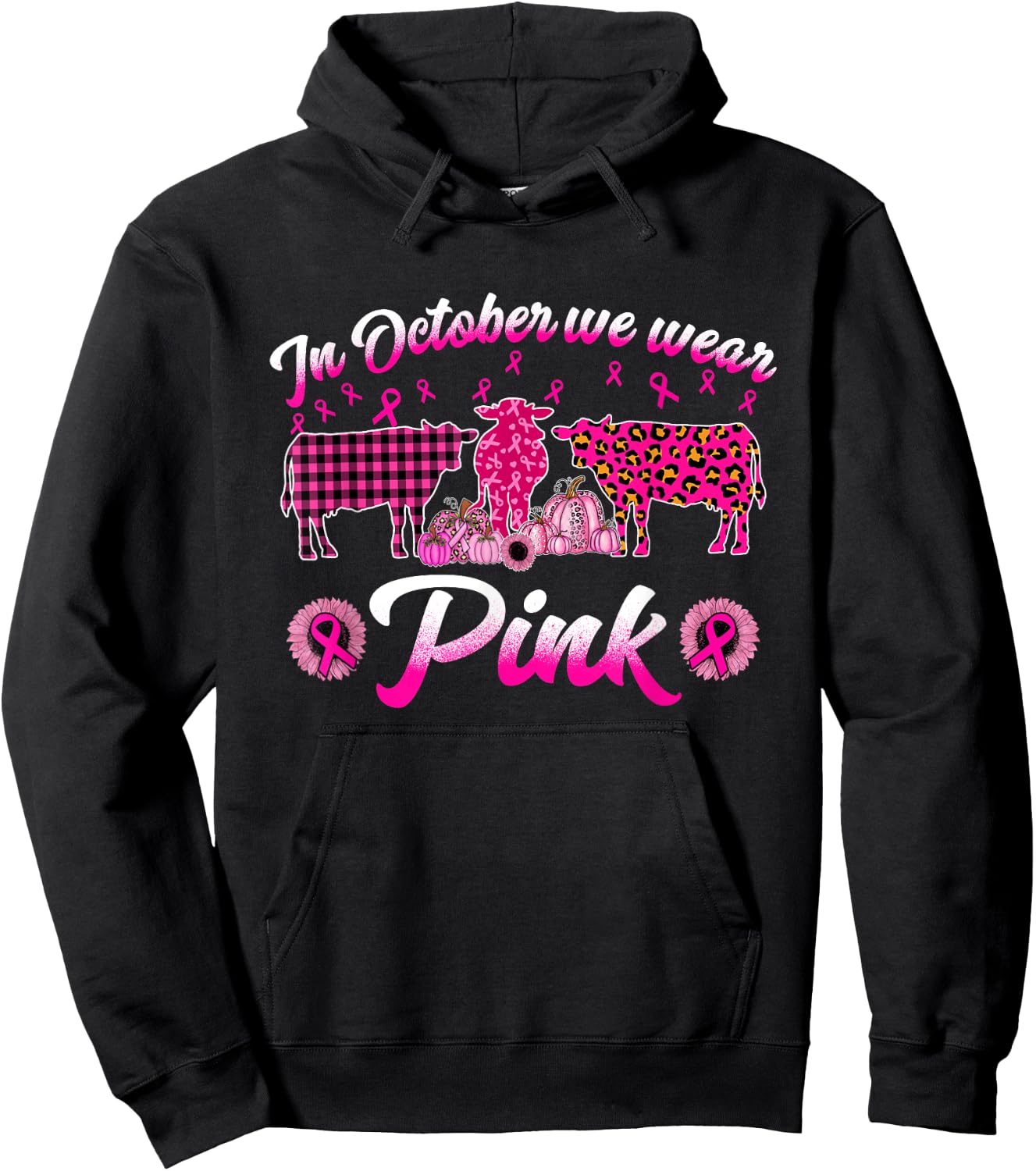 In October We Wear Pink Cow Pumpkin Breast Cancer Hoodie - Hoodie | Black