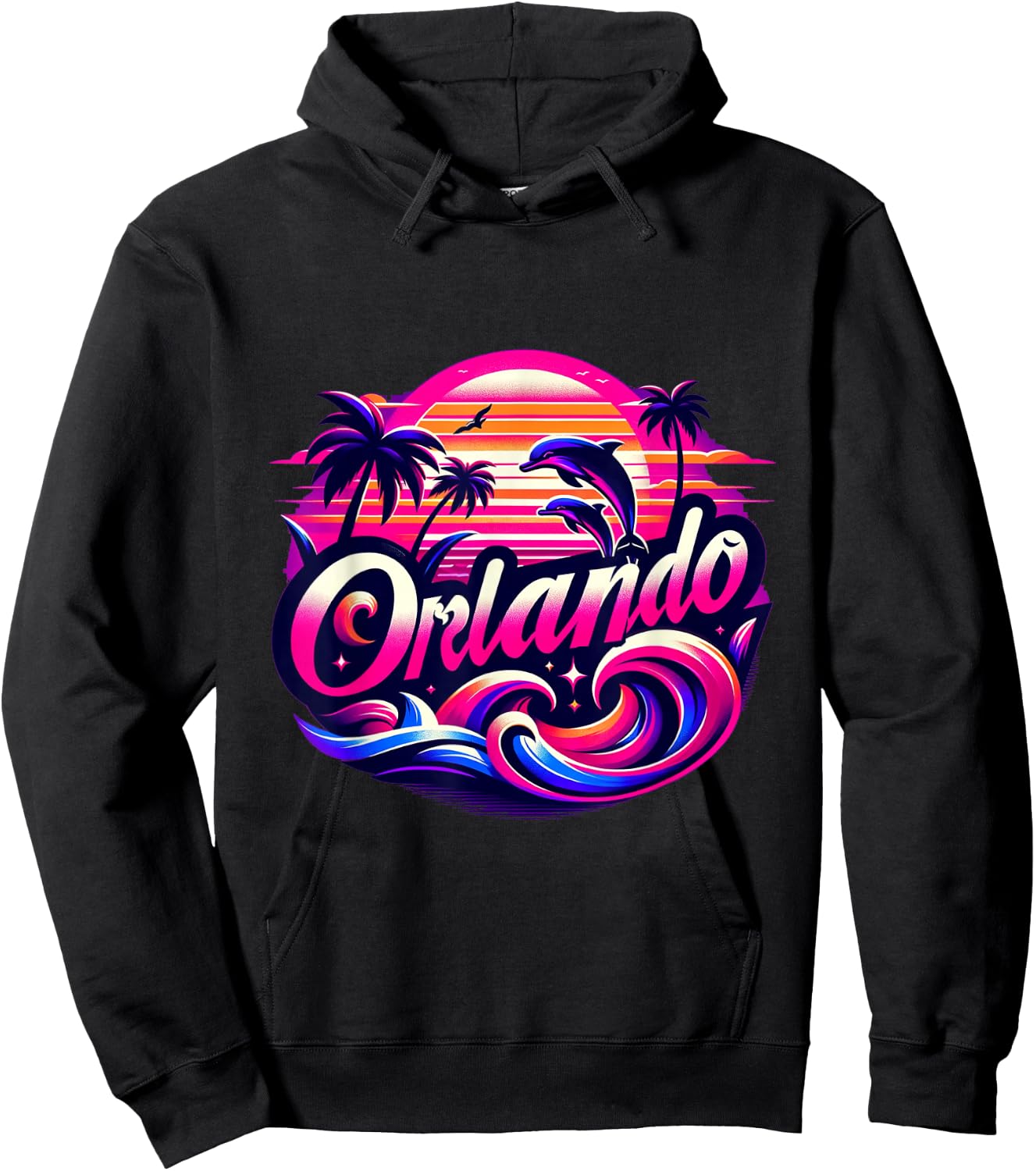 Orlando Beach, Florida with dolphins and palm trees. Hoodie - Hoodie | Black