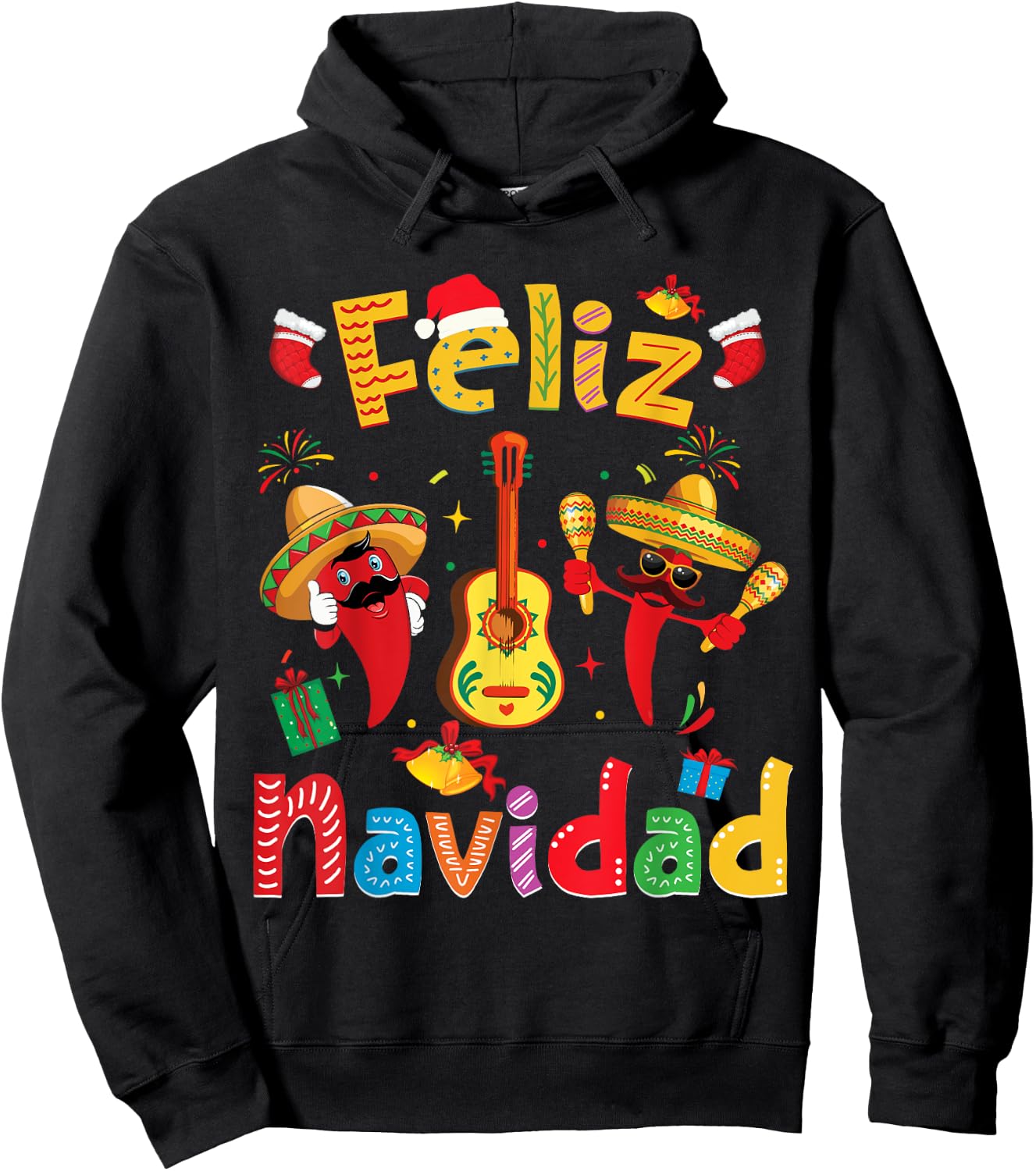Feliz Navidad Mexican Fiesta Hot Pepper Guitar Xmas Party Hoodie - Hoodie | Black