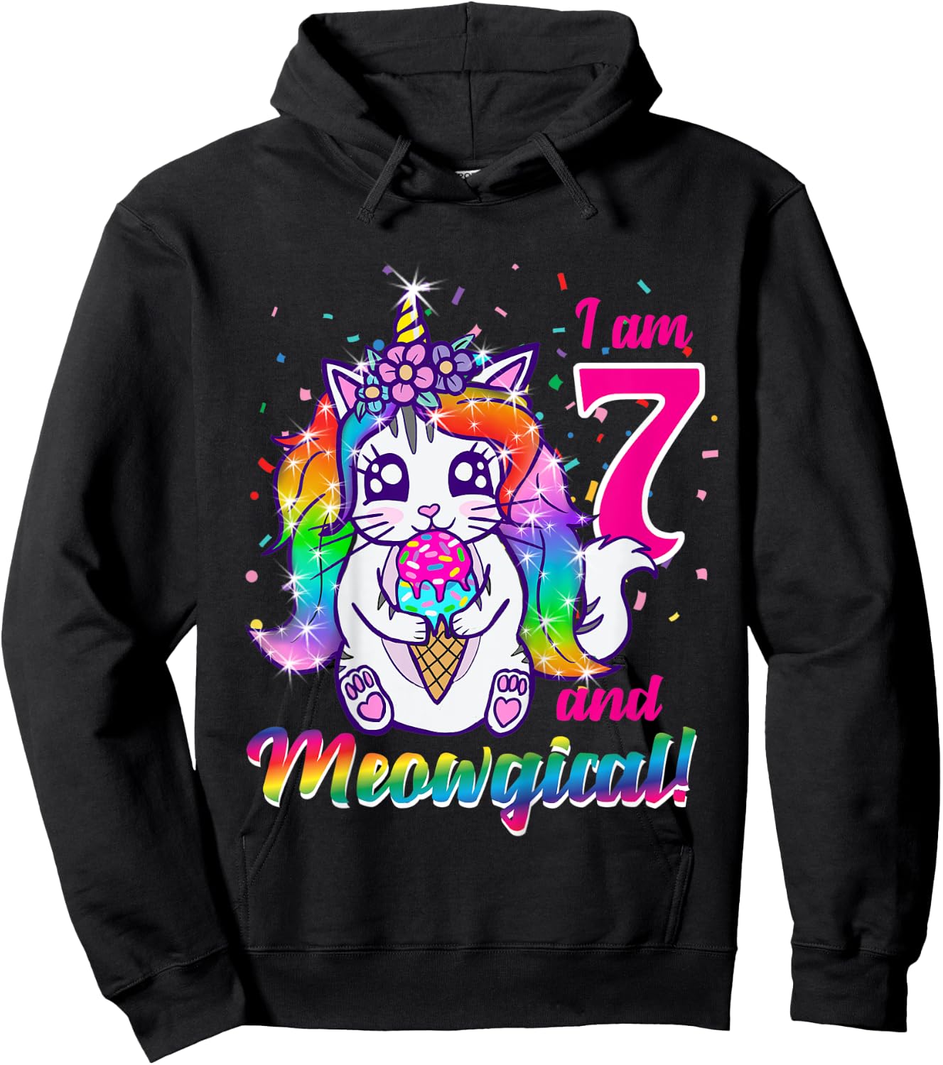 Kids I am 7 and meowgical caticorn kittycorn birthday theme party Hoodie - Hoodie | Black