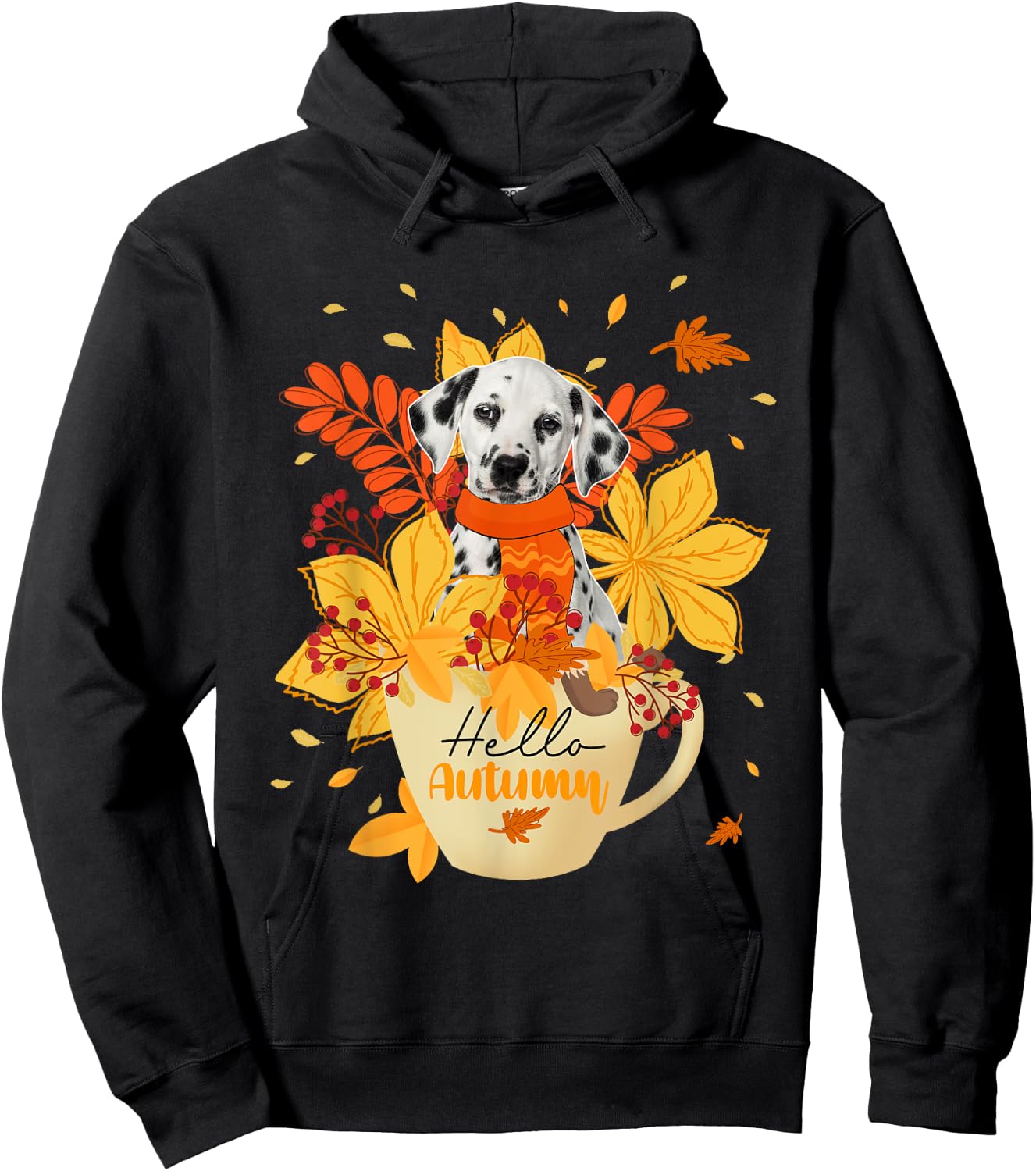 Hello Autumn Thanksgiving Dalmatian Inside Cup Fall Leaves Hoodie - Hoodie | Black
