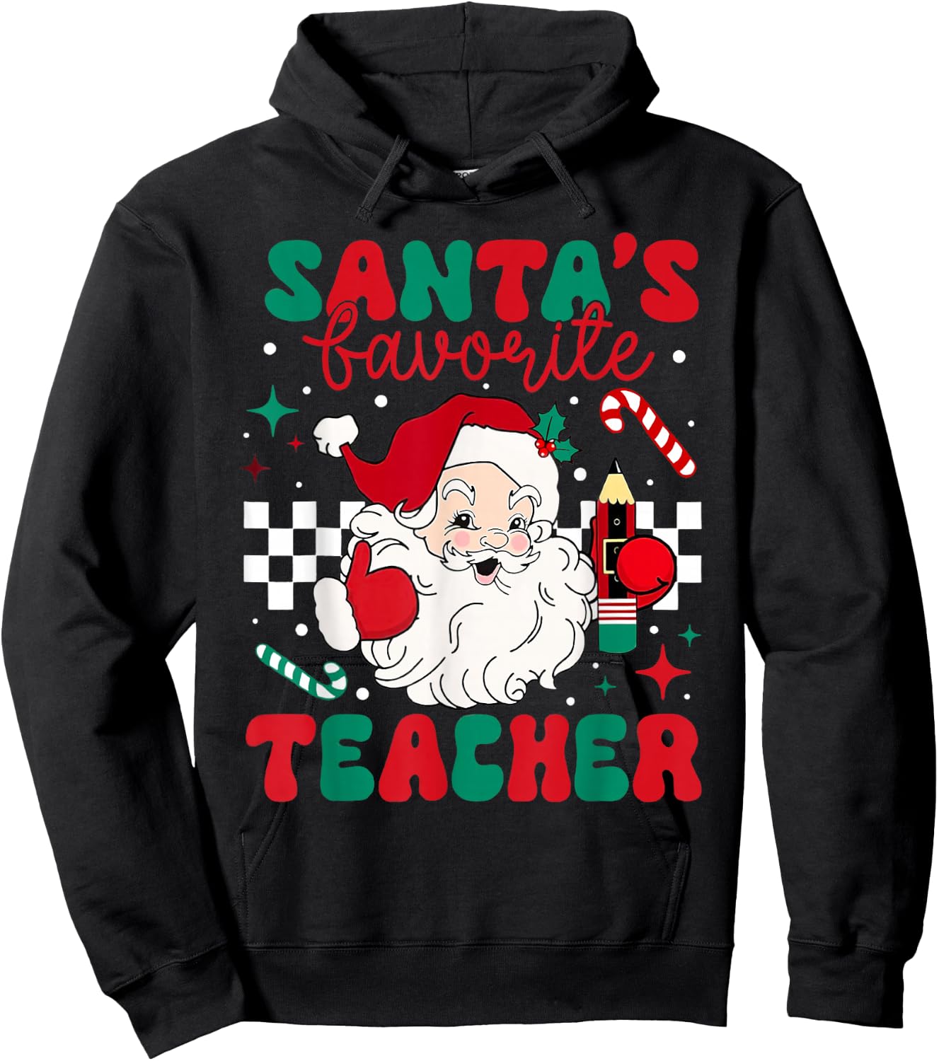 Santa's Favorite Teacher Christmas Retro Xmas Santa Claus PJ Hoodie - Hoodie | Black