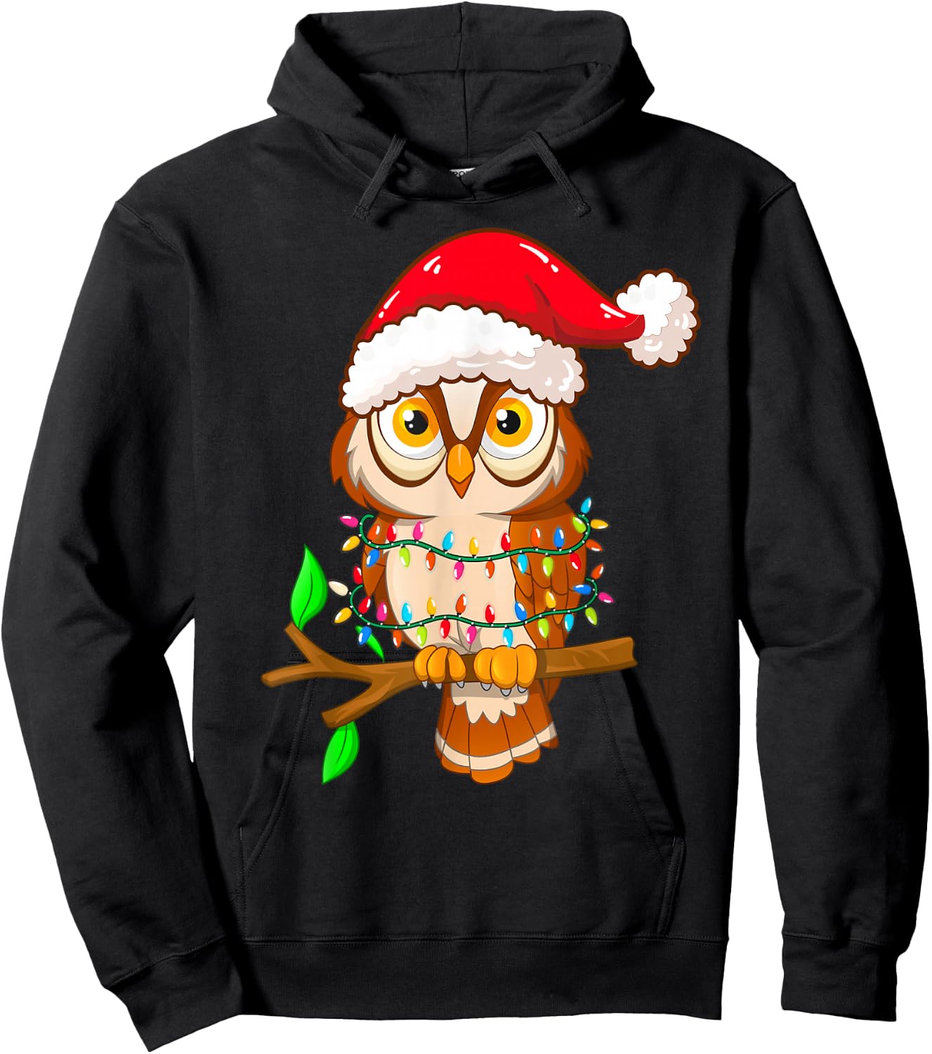 Christmas Lights Owl Wearing Xmas Hat - Cute Owl Lover Kids Hoodie - Hoodie | Black