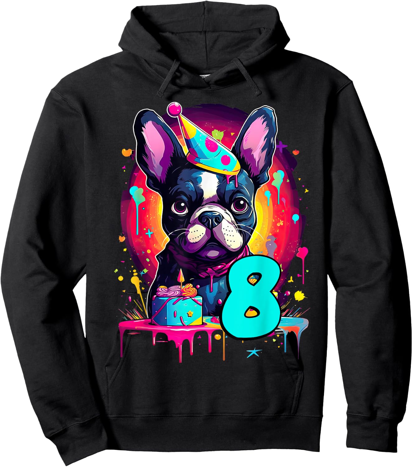 French Bulldog Dog 8th Birthday Themed Party 8 Years Old Hoodie - Hoodie | Black
