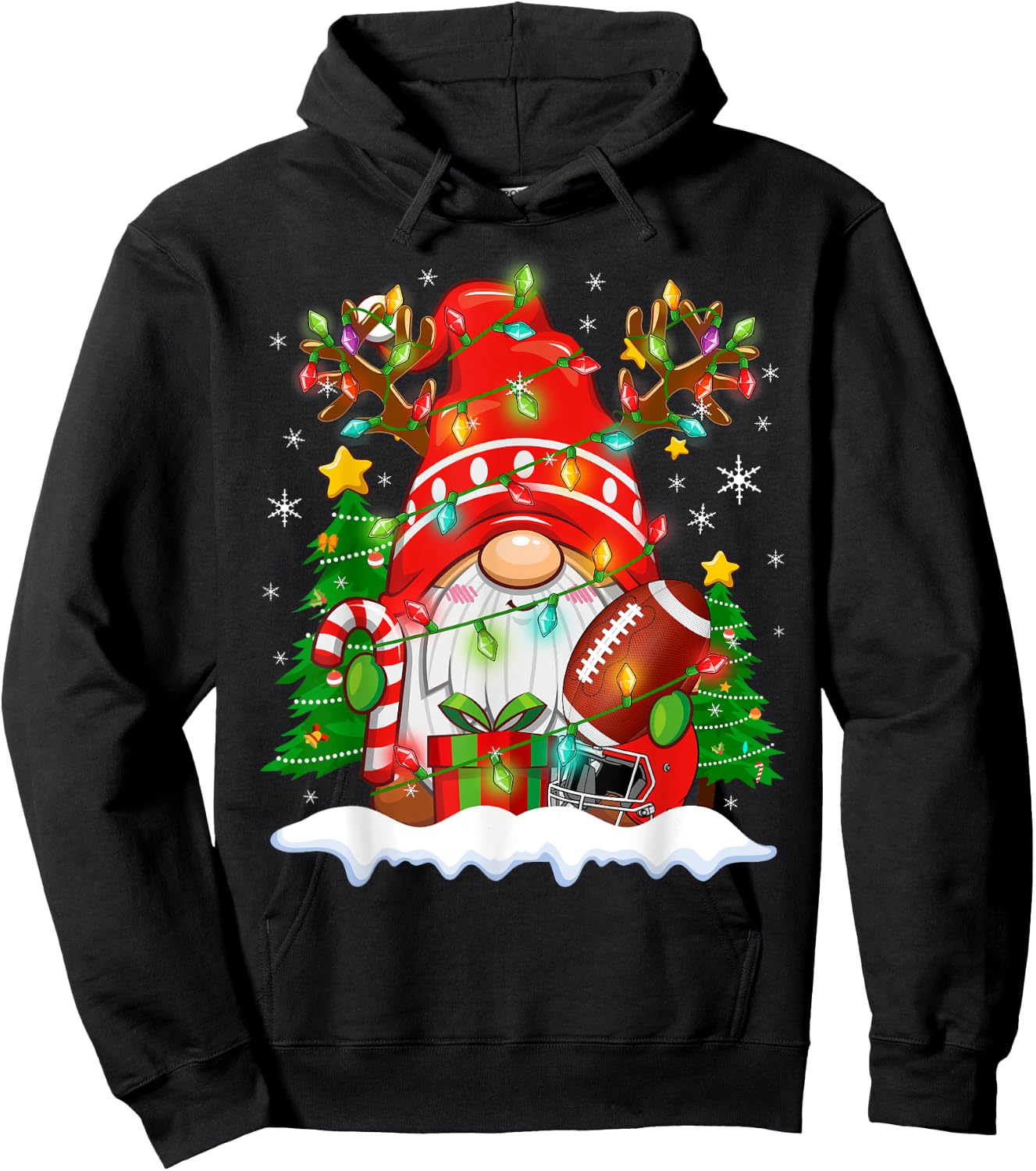 Funny Reindeer Gnome & Football Ball Christmas Lights Xmas Hoodie - Hoodie | Black