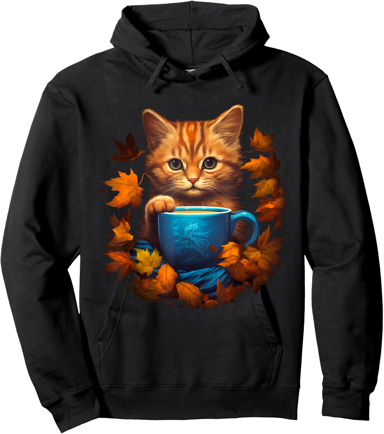 Funny Cat & Coffee Fall Autumn Leaves For Cat Lovers Costume Men Women Hoodie - Hoodie | Black