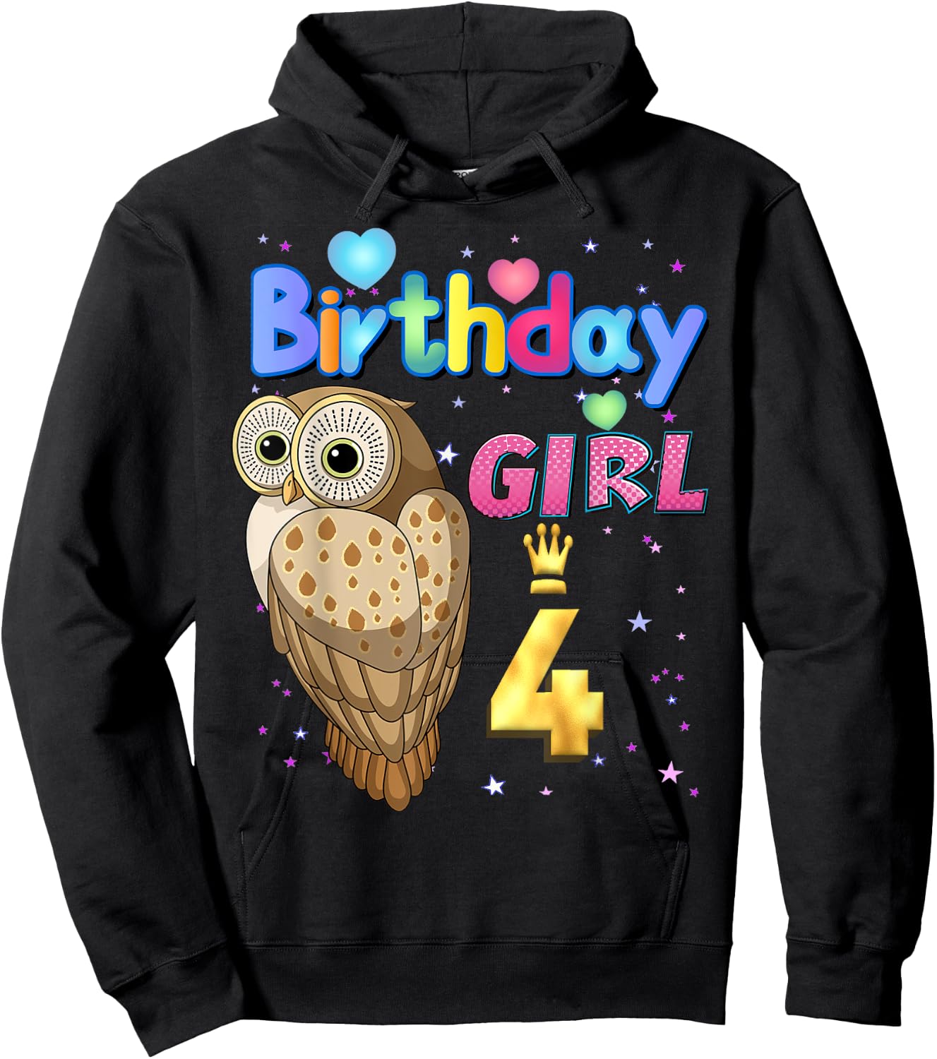 Kids 4 Years Old Owl Its my 4th birthday Girl Owl Hoodie - Hoodie | Black