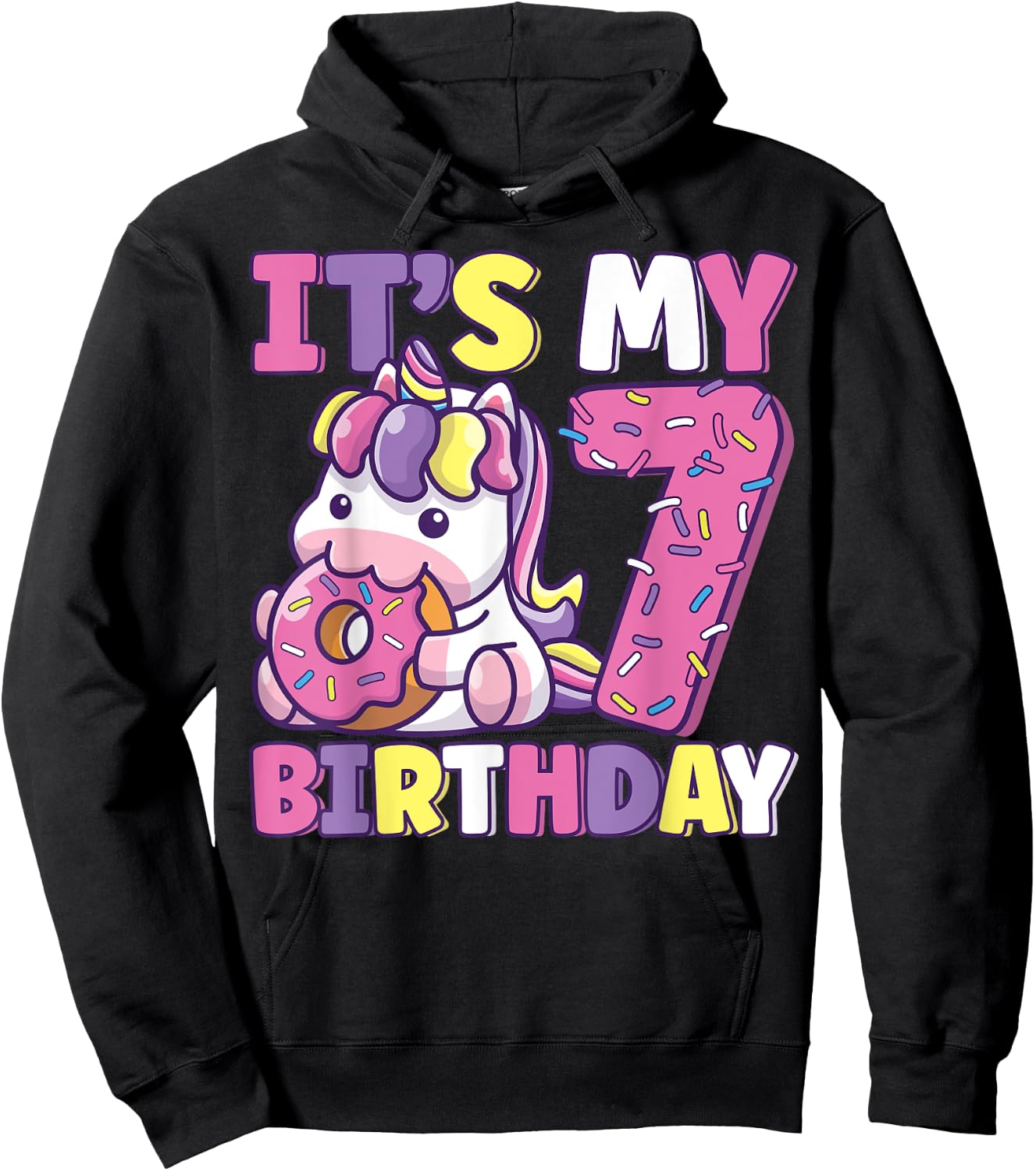 It's My 7th Birthday Party Cute Girls Donut Birthday Unicorn Hoodie - Hoodie | Black