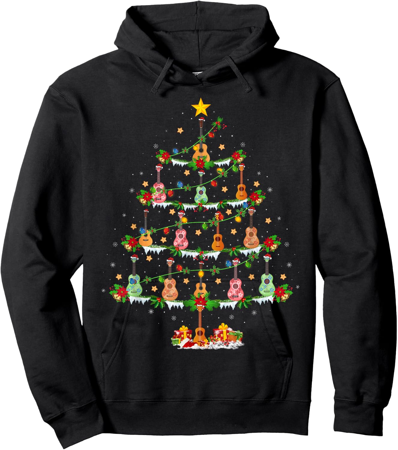 Ukulele Lover Xmas Lighting Santa Ukulele Christmas Tree Hoodie - Hoodie | Black
