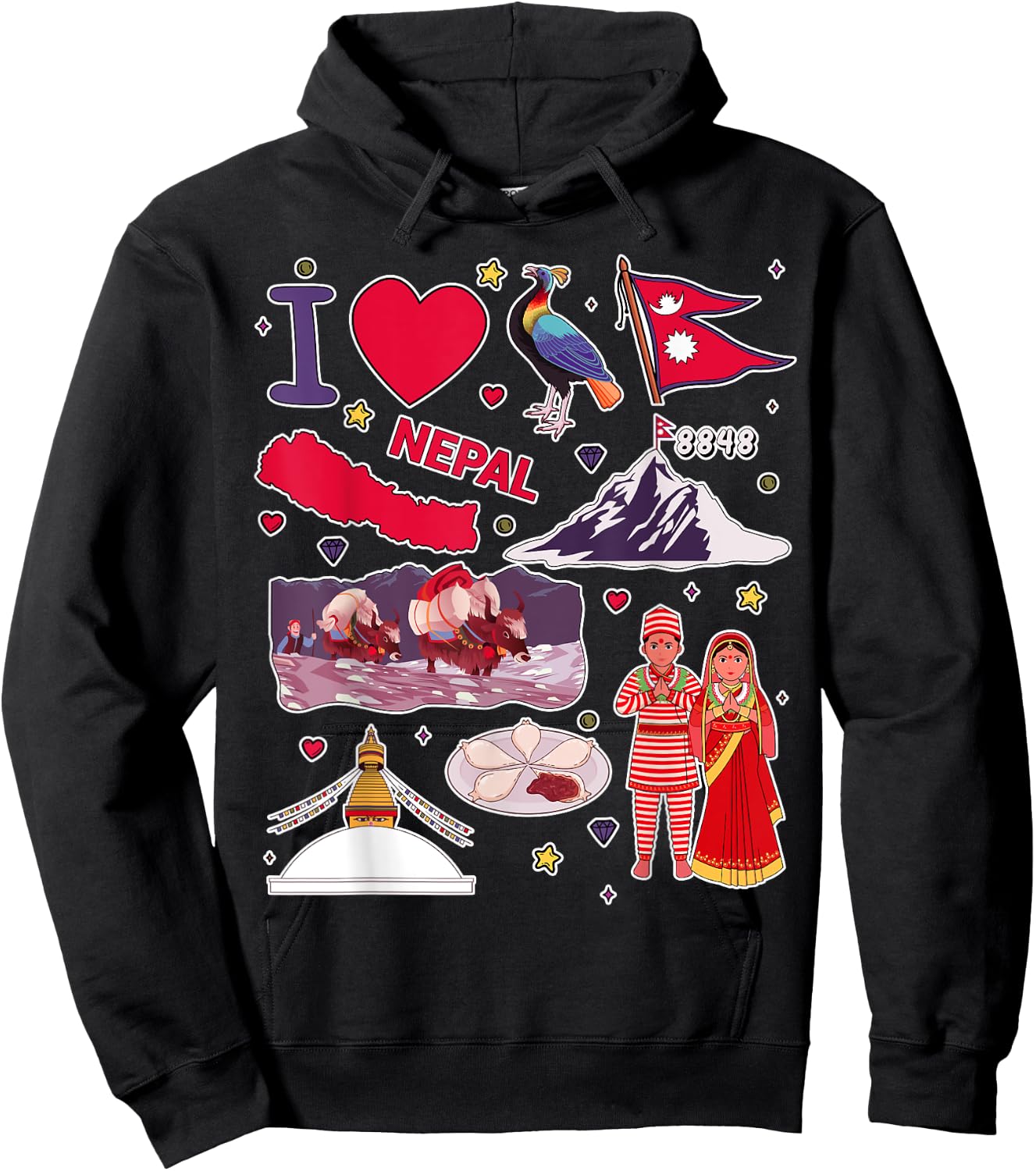 Nepali hand drawn landmarks, Nepal map, cultural icons Hoodie - Hoodie | Black