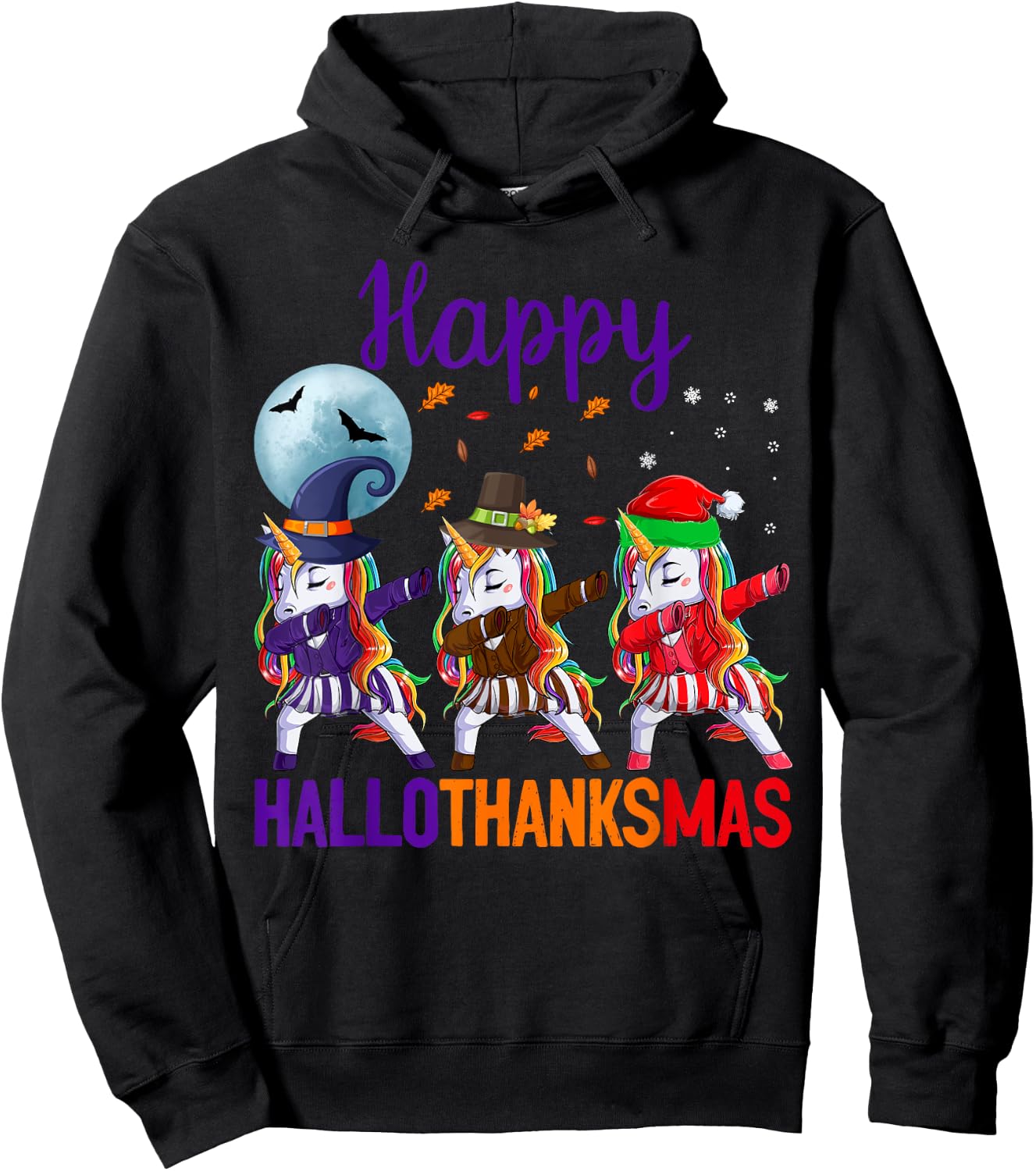 Happy Hallothanksmas Dabbing Unicorn Halloween Thanksgiving Hoodie - Hoodie | Black