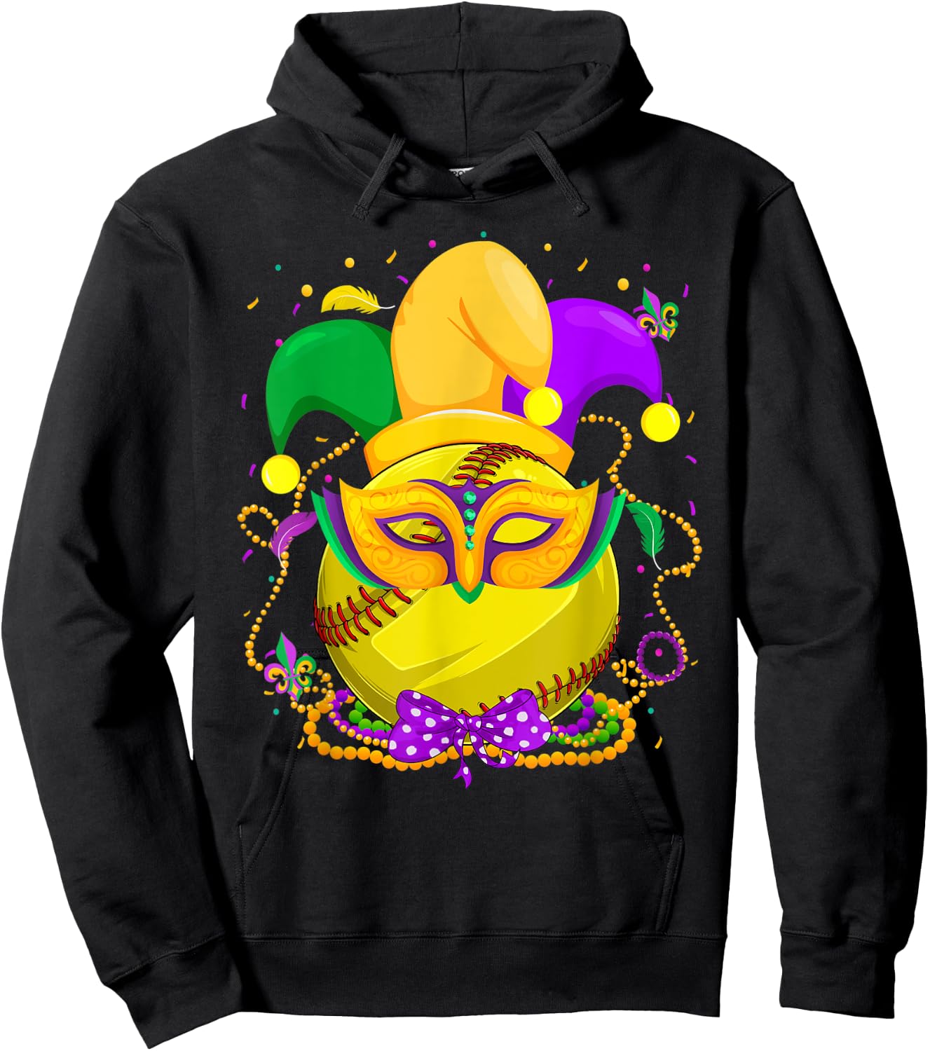 Softball Ball With Jester Hat Mardi Gras Fat Tuesday Parade Hoodie - Hoodie | Black