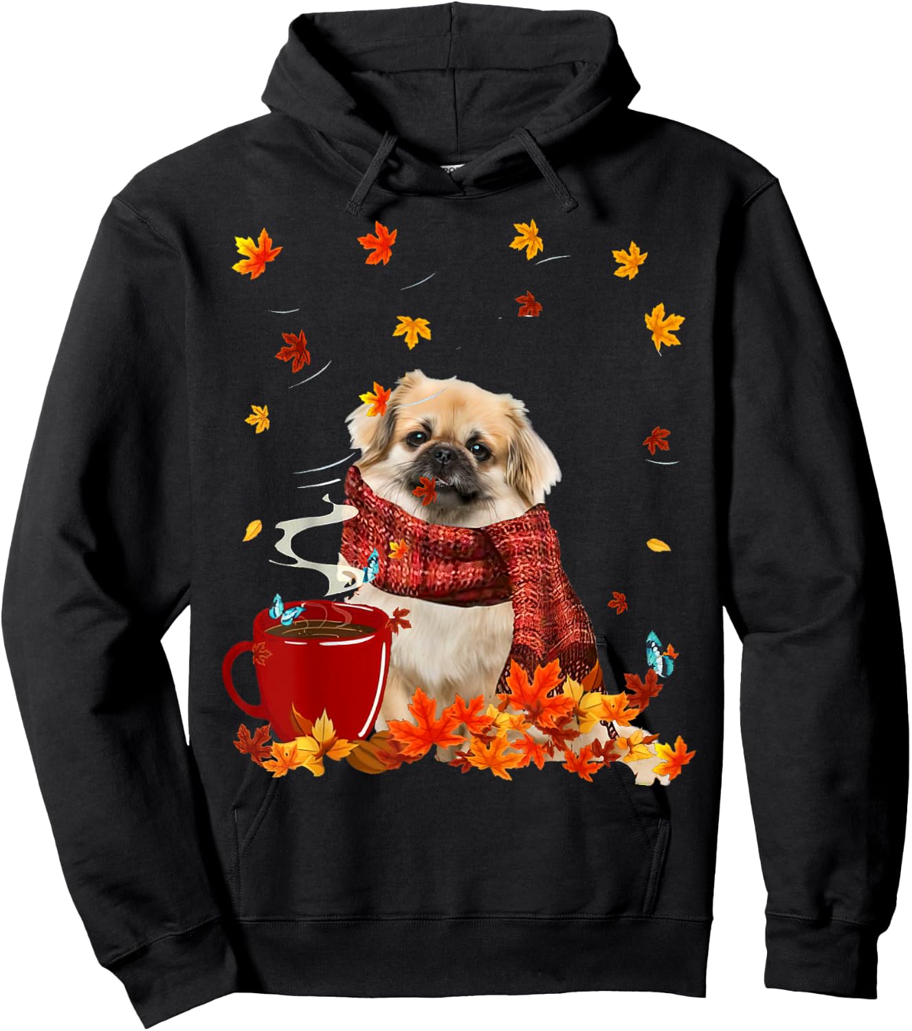 Tibetan Spaniel Fall Red Scarf Autumn Leaf For Dog Lover Men Women Hoodie - Hoodie | Black