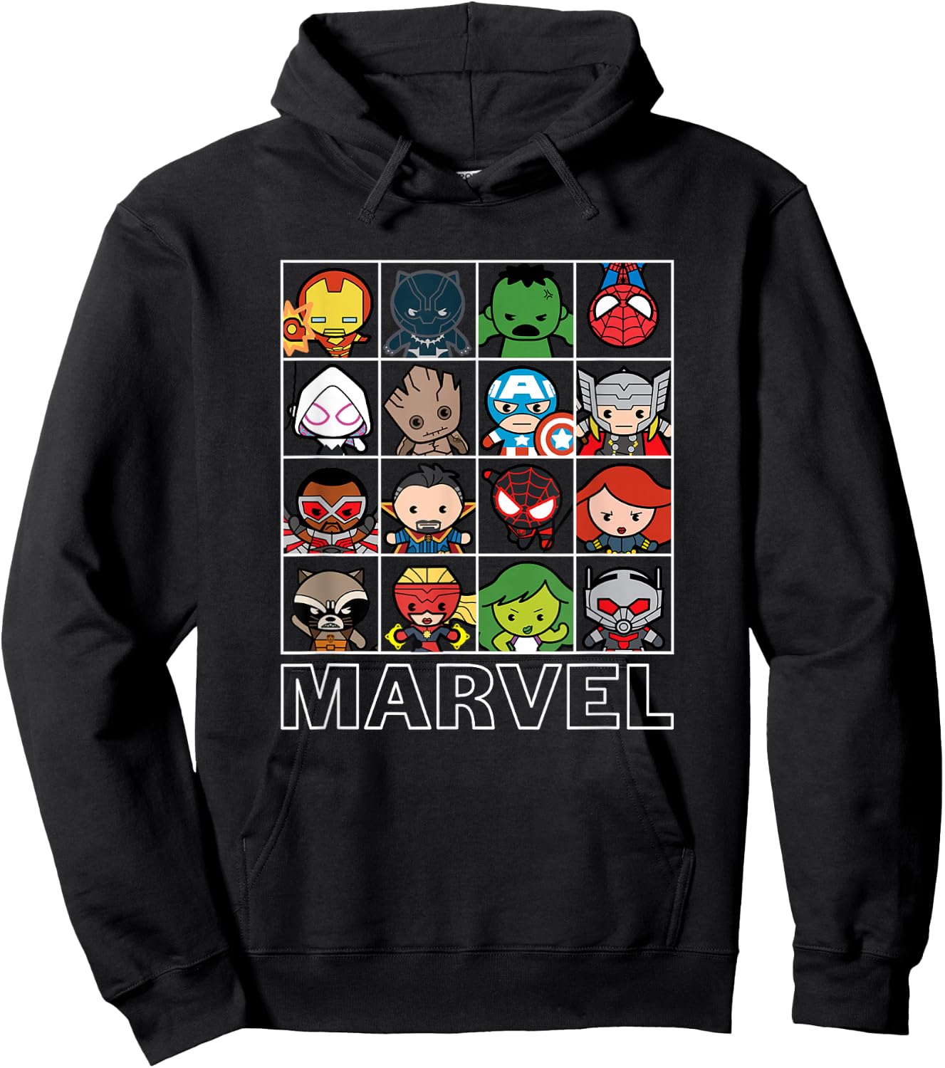 Marvel Kawaii Chibi Iconic Characters Grid Panels Hoodie - Hoodie | Black