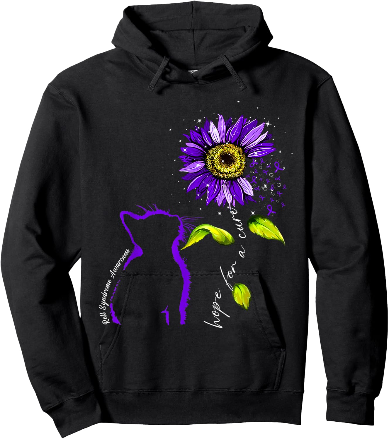 Sunflower Cat Purple Rett Syndrome Awareness Men Women Hoodie - Hoodie | Black