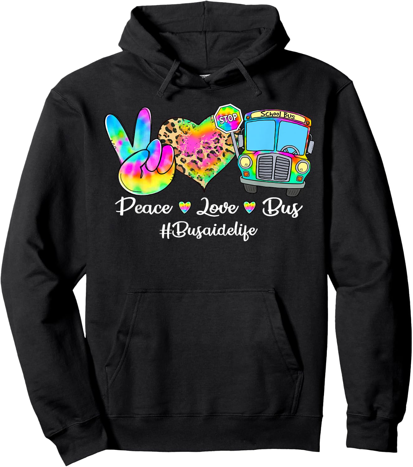 Peace Love Bus Tie Dye Leopard Bus Aide Life Gifts Hoodie - Hoodie | Black