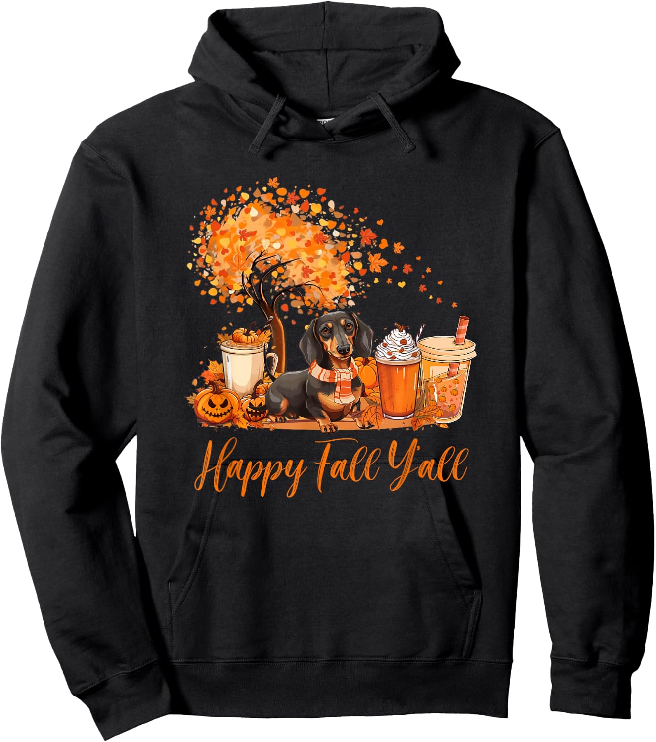 Happy Fall Y'all Dachshund Autumn Pumpkin Spice Latte Hoodie - Hoodie | Black