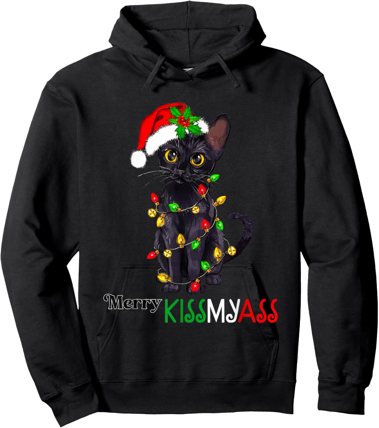 Funny Black Cat Merry Kissmyass Xmas Pajamas Chritsmas Women Hoodie - Hoodie | Black