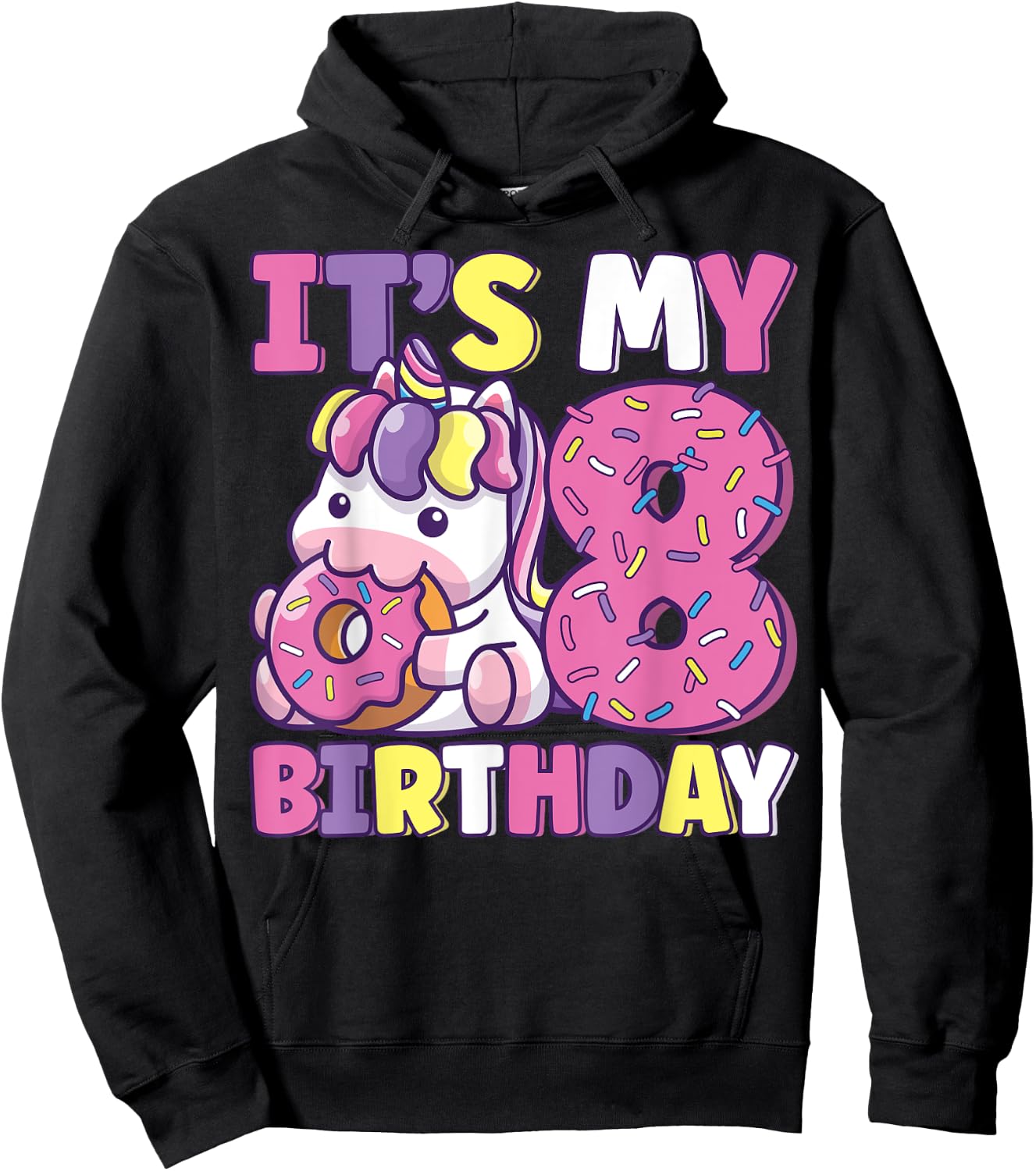 It's My 8th Birthday Party Cute Girls Donut Birthday Unicorn Hoodie - Hoodie | Black