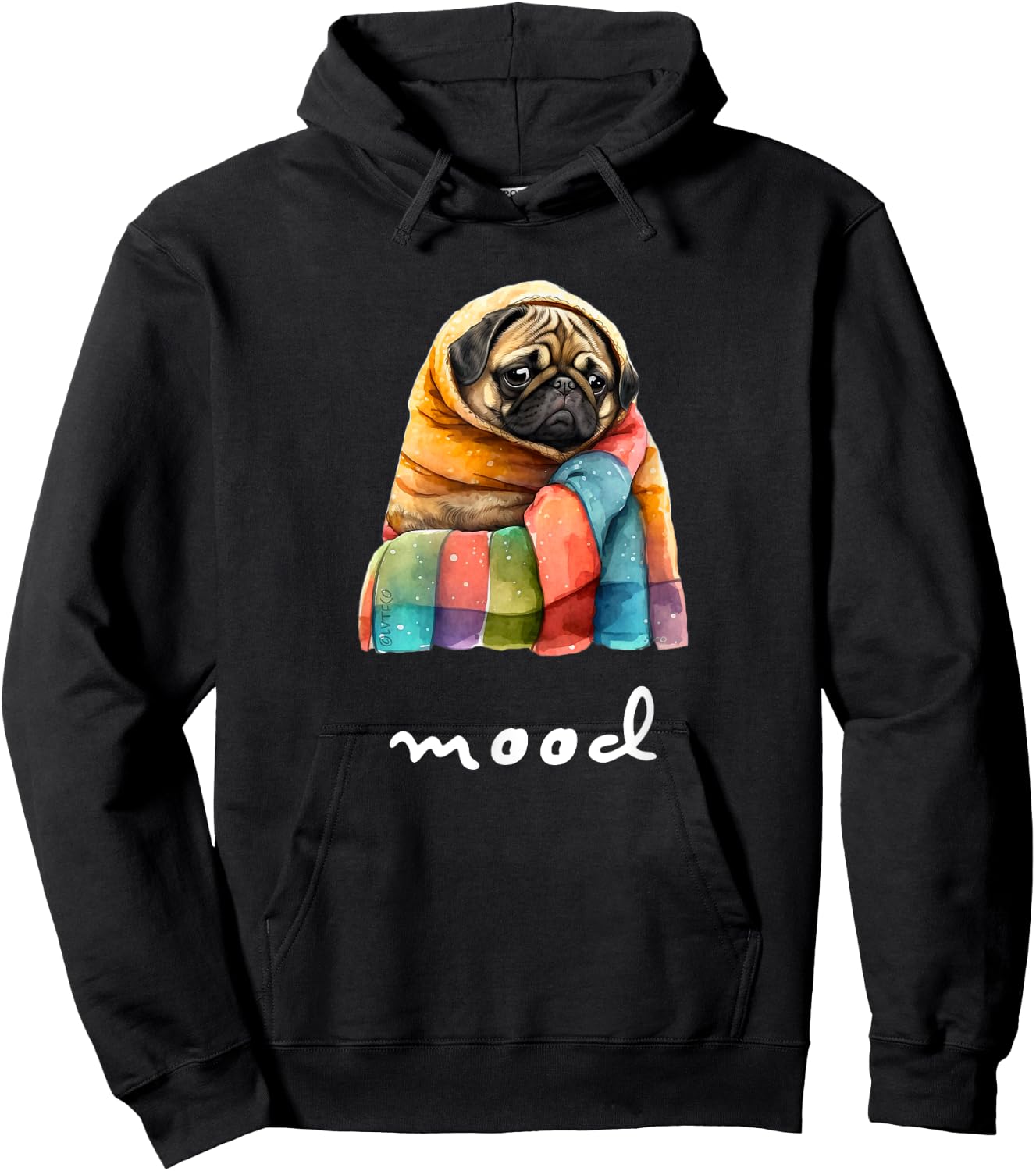 Funny Moody Pug in Cozy Blanket Cute Character Hoodie - Hoodie | Black