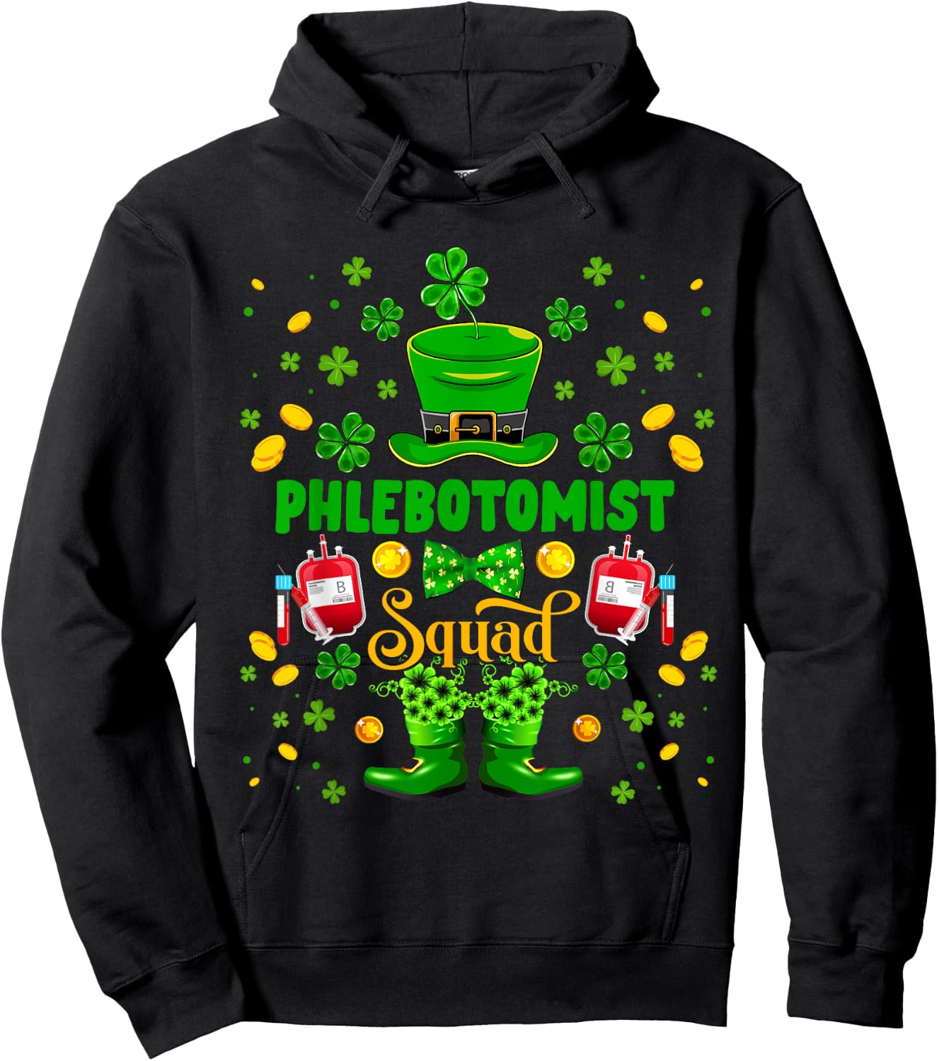 Phlebotomist Squad St. Patrick's Day Shamrocks Funny Family Hoodie - Hoodie | Black