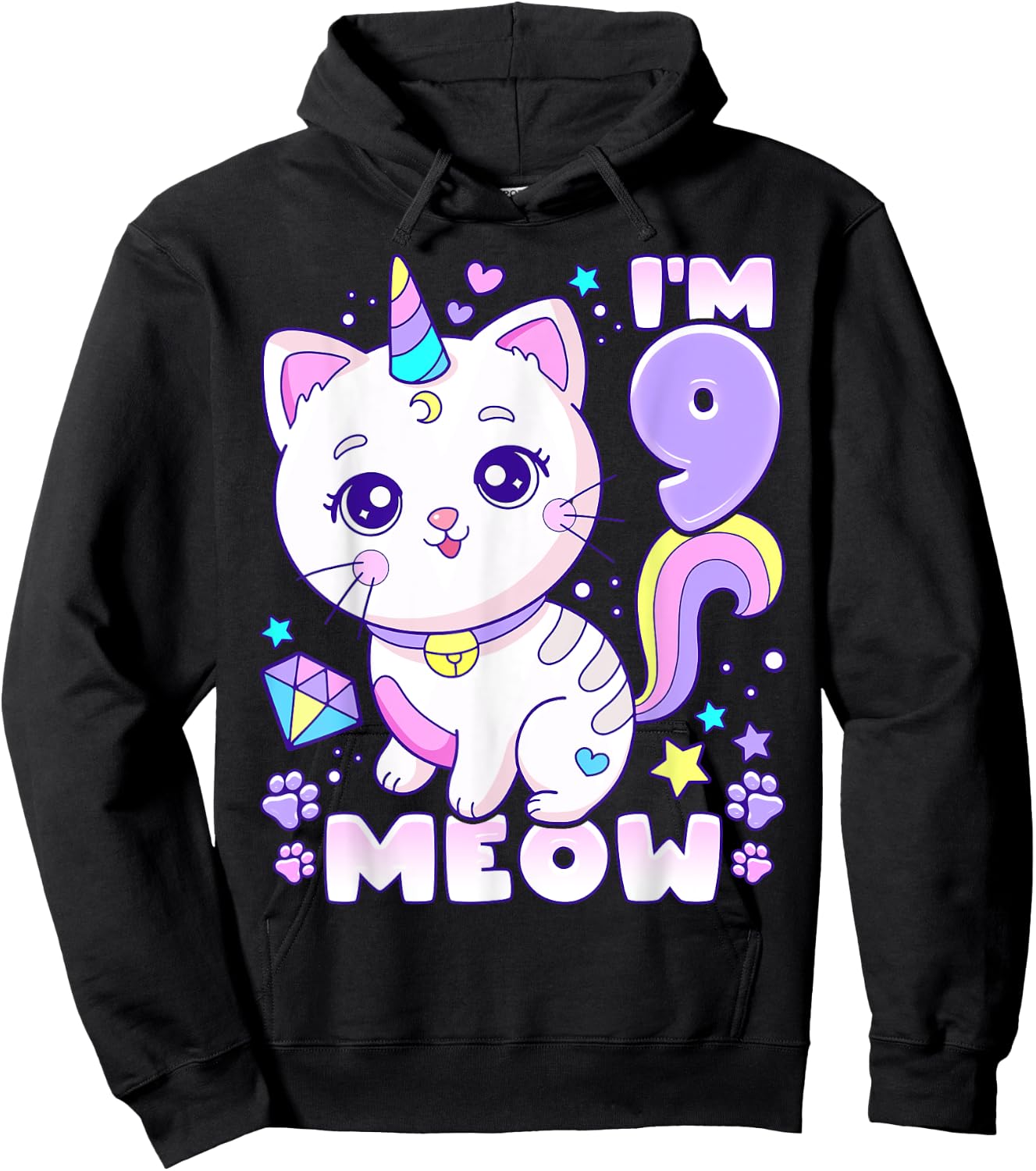 Birthday girl 9 years old, cat, unicorn, 9th birthday Hoodie - Hoodie | Black