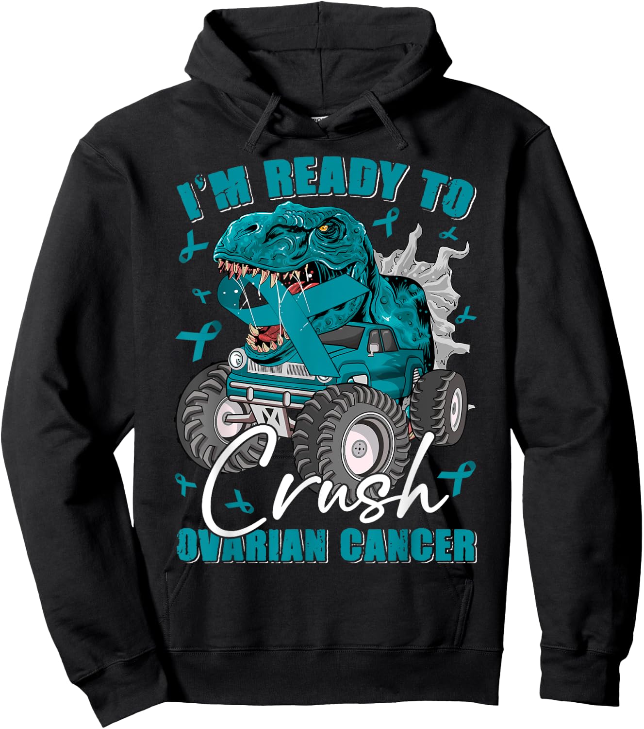 Ready To Crush Ovarian Cancer Awareness T Rex Monster Truck Hoodie - Hoodie | Black