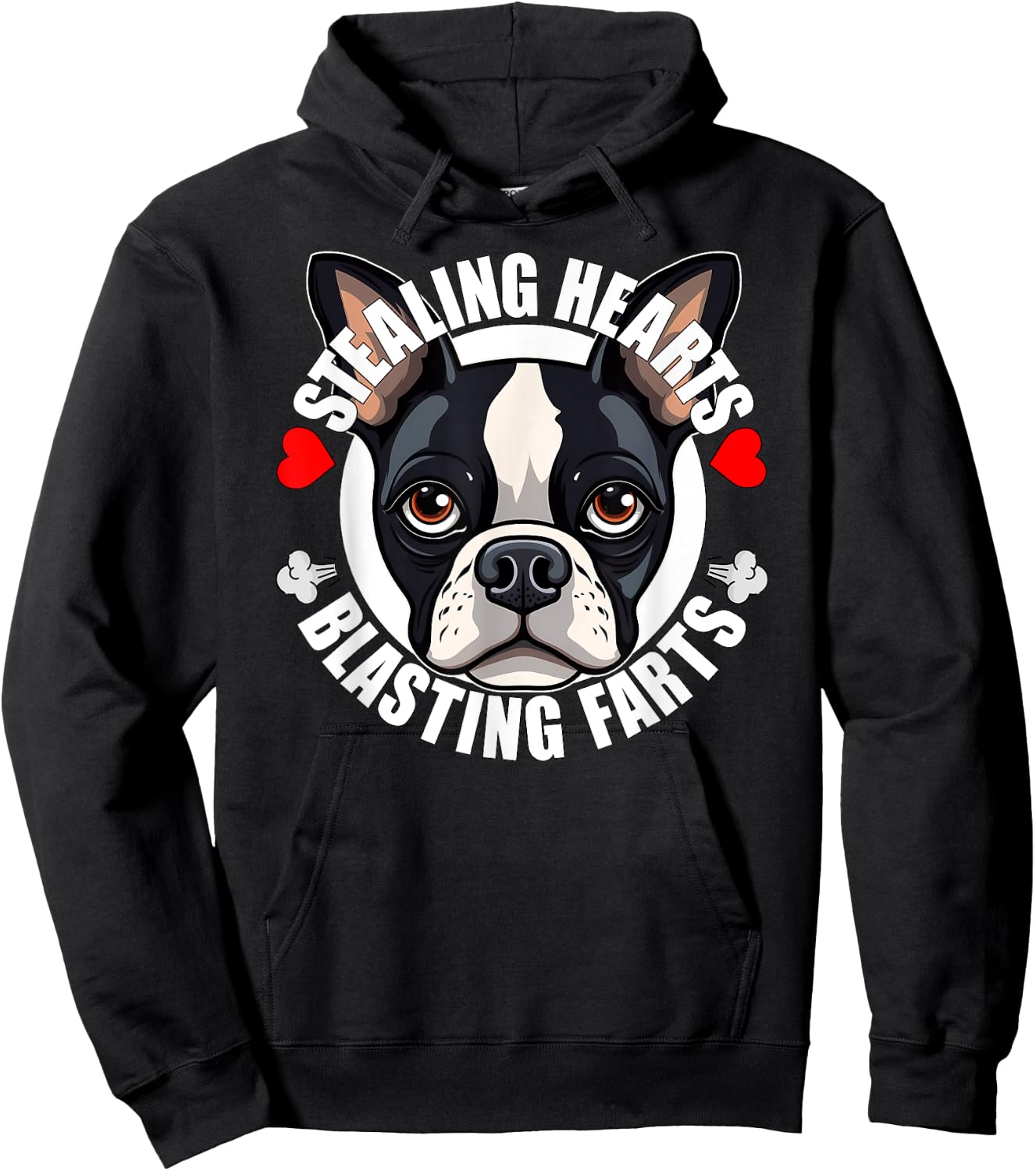 Funny Boston Terrier Stealing Hearts Blasting Farts Cute Dog Men Women Girls Kids Hoodie - Hoodie | Black