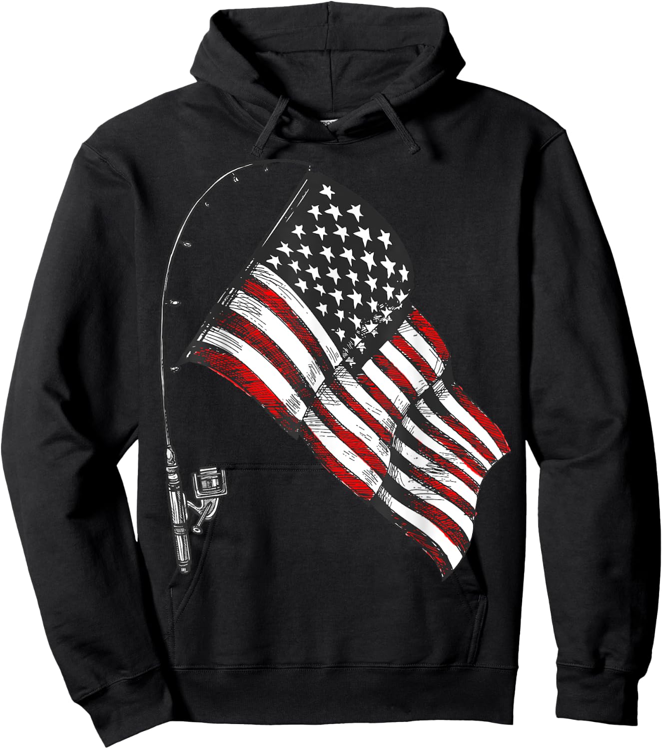 Vintage American Flag Fishing Rod Fishing Lover Fisherman Hoodie - Hoodie | Black