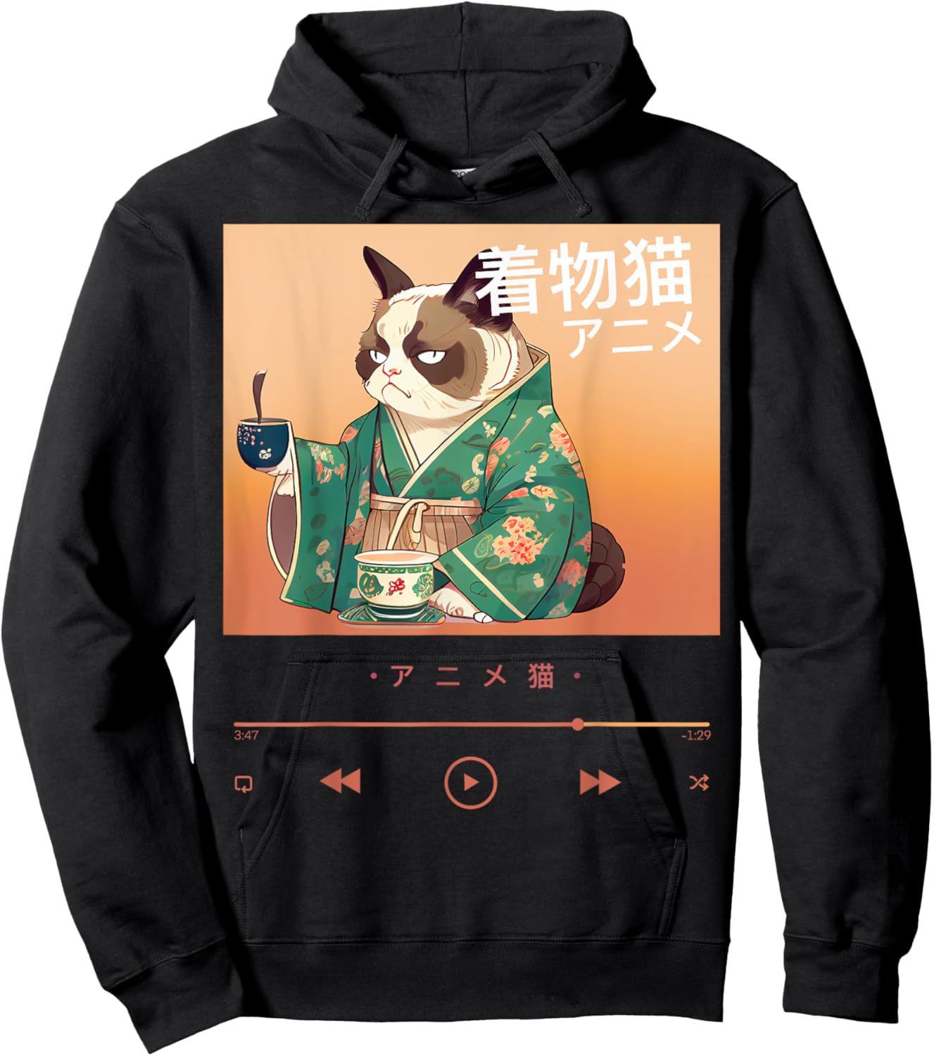 Cute Anime Cat in Colorful Japanese Outfit Men Women Kids Hoodie - Hoodie | Black