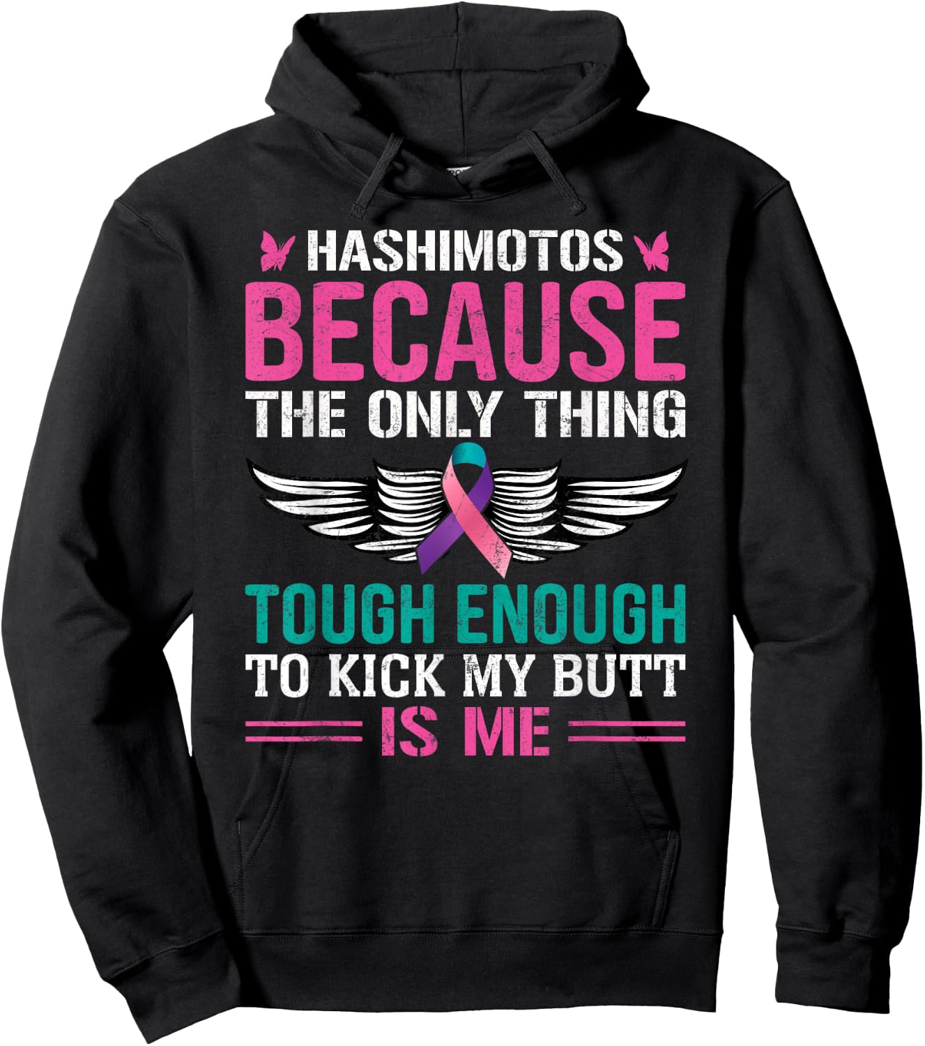 Thyroid Warrior Teal Pink Ribbon Hashimotos Cancer Awareness Hoodie - Hoodie | Black