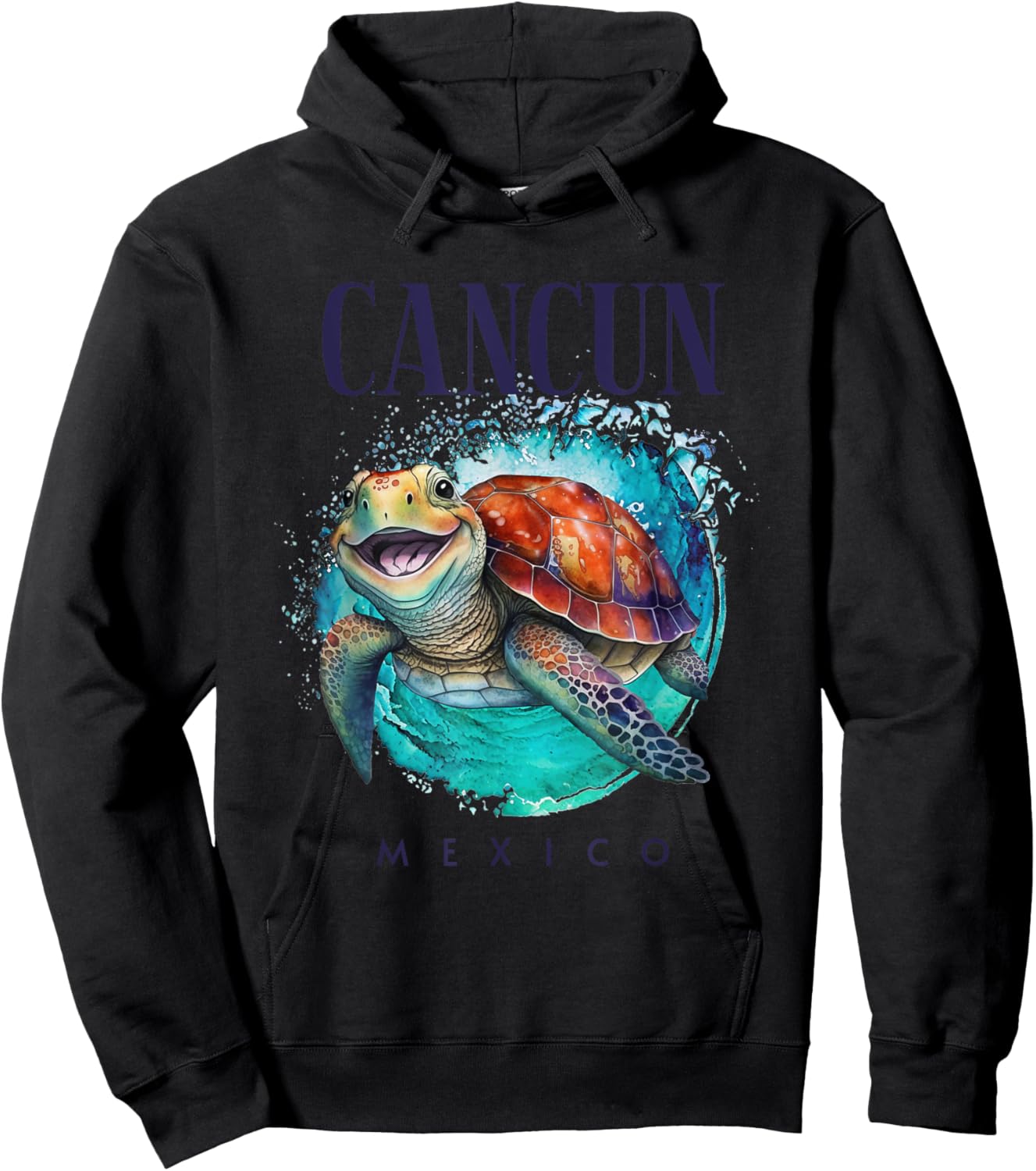 Cancun Mexico Watercolor Happy Sea Turtle Hoodie - Hoodie | Black