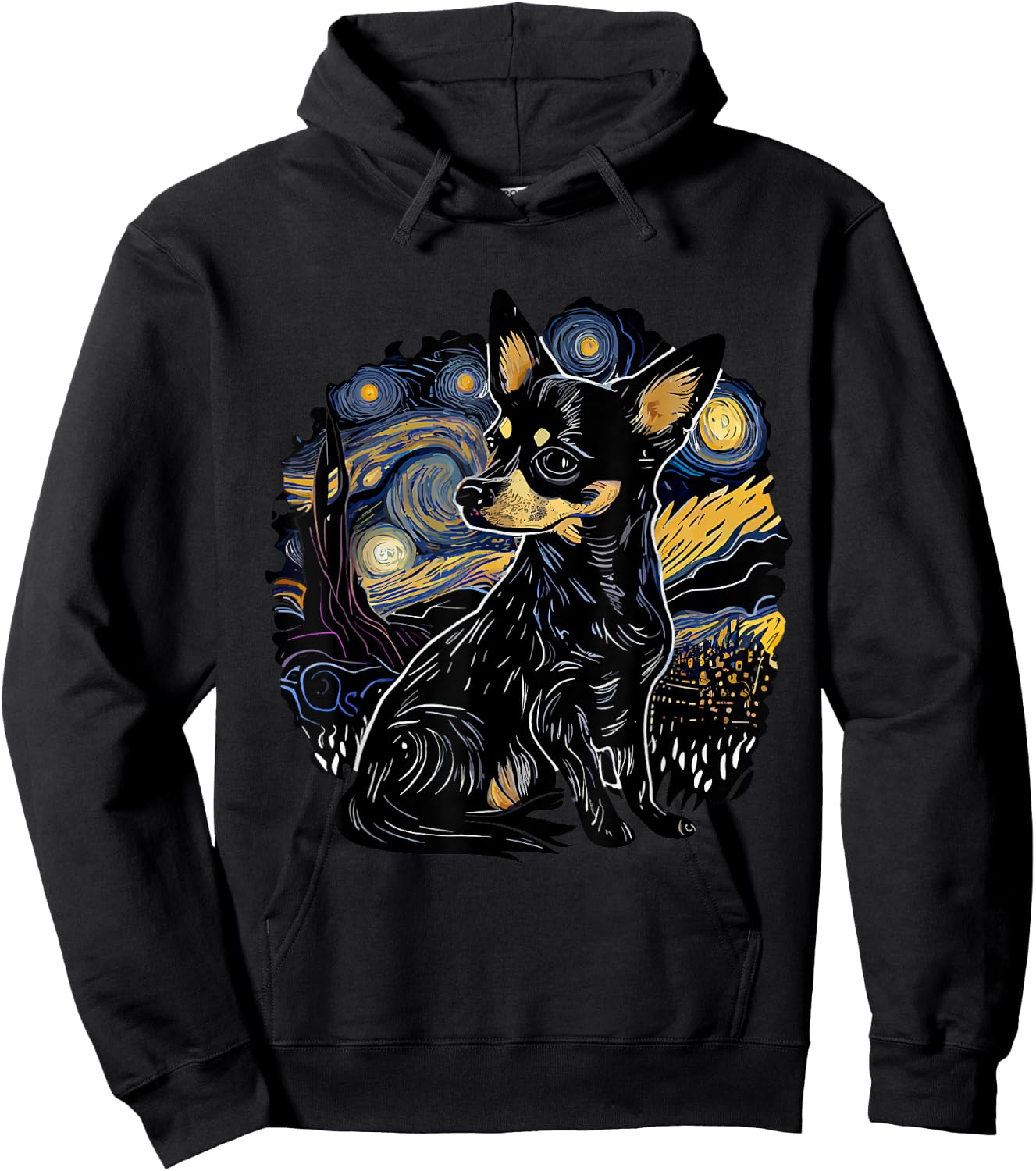 Black Chihuahua Starry Night Van Gogh Colorful Hoodie - Hoodie | Black