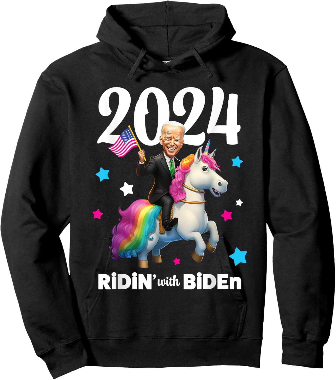 Ridin with Biden 2024 Joe Biden Riding Rainbow Unicorn Hoodie - Hoodie | Black