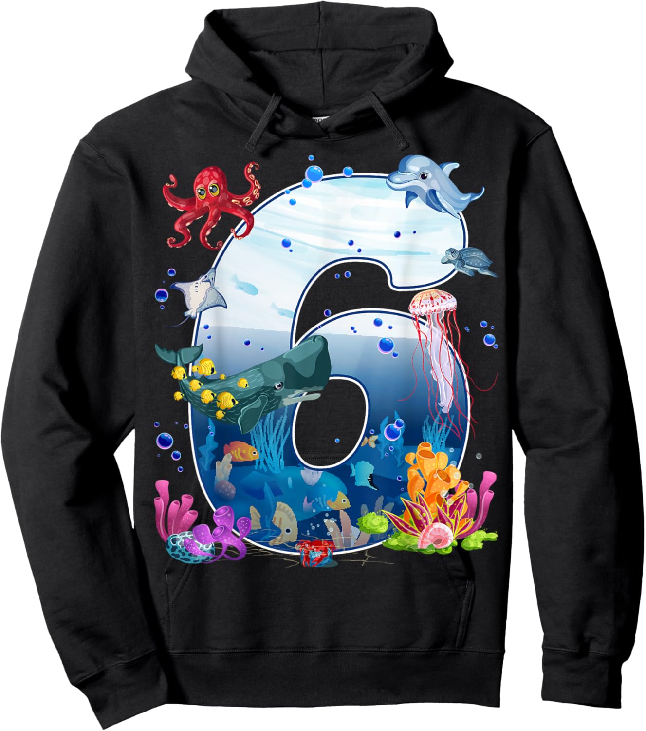 6th Birthday Party Ocean 6 Year Old Sea Fish Aquarium Boy Hoodie - Hoodie | Black