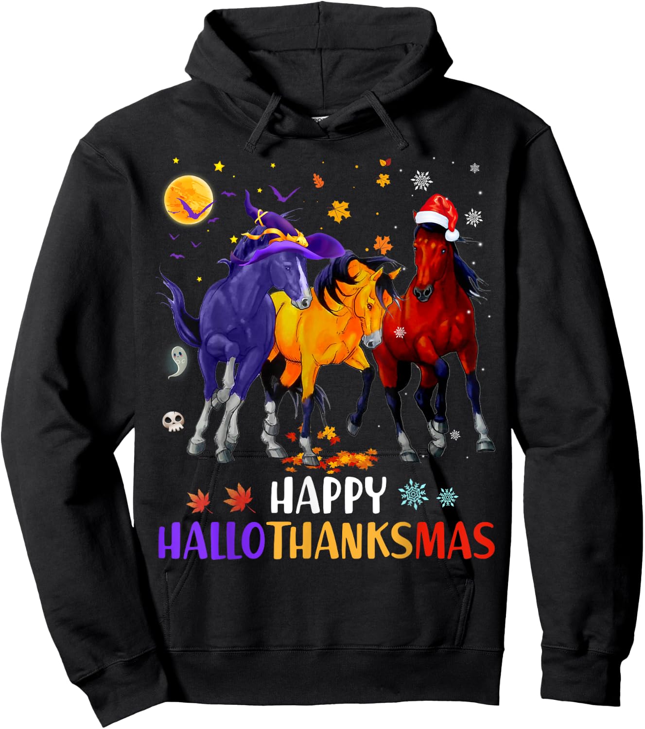 Happy Hallothanksmas Horse Halloween Thanksgiving Christmas Hoodie - Hoodie | Black