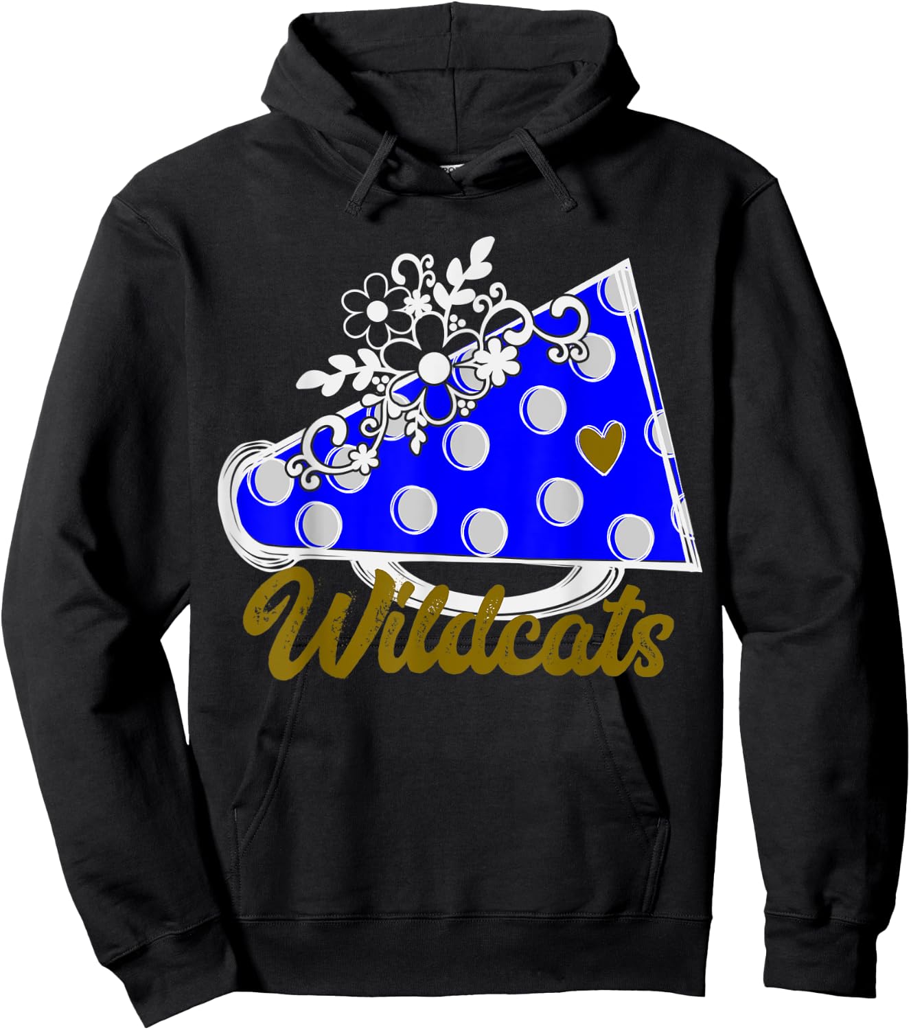 Cheer WILDCATS Shirt, Blue Megaphone Heart Flower Accent Hoodie - Hoodie | Black