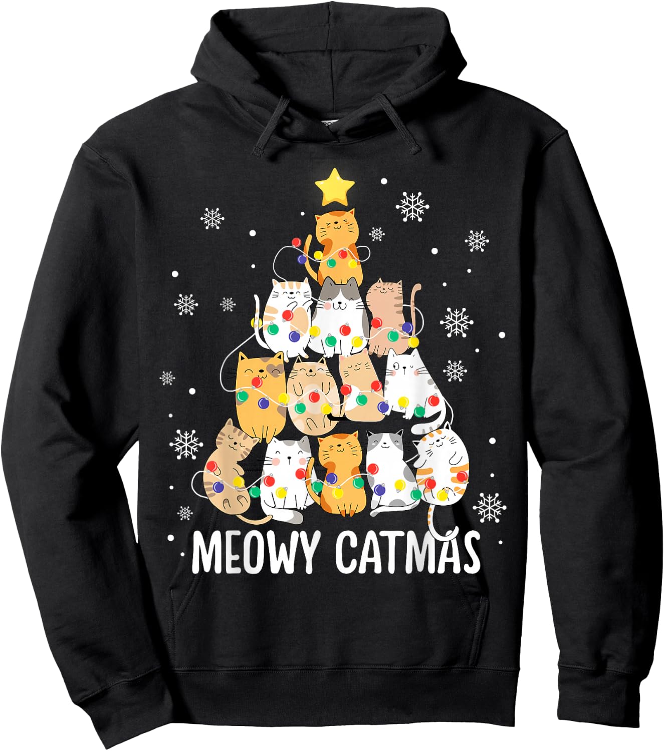 Meowy Catmas Cat Christmas Tree Lights Kitten Xmas Cat Lover Hoodie - Hoodie | Black