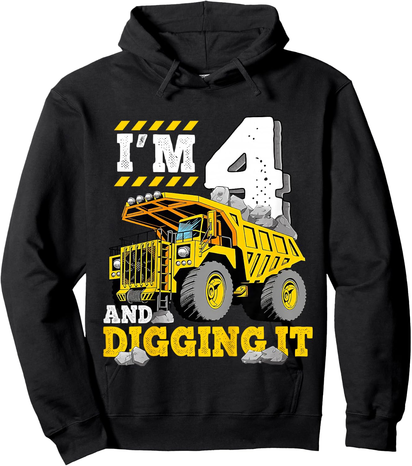 Kids Four 4th Birthday Construction Truck 4yr Boy 4 Years Old Hoodie - Hoodie | Black