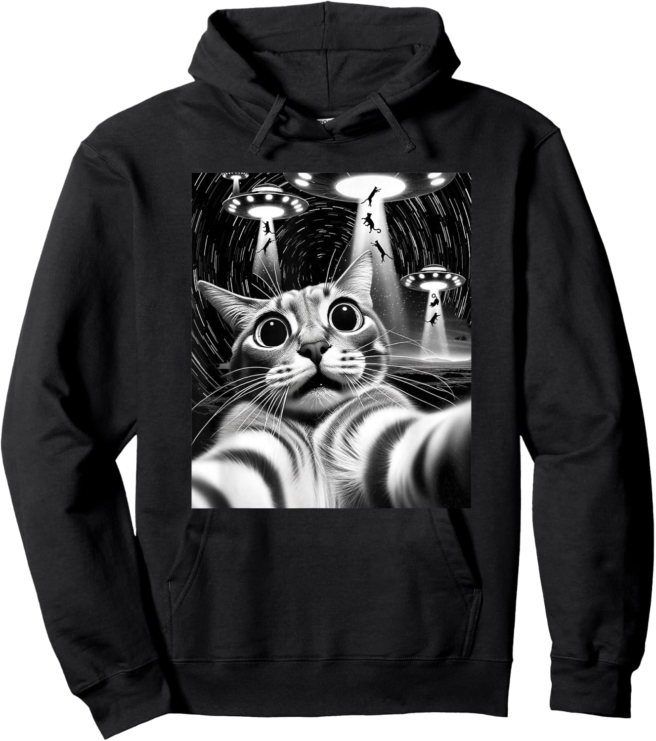Cat UFO Invasion | Funny Cat Meme Retro Alien Cat UFO Selfie Hoodie - Hoodie | Black