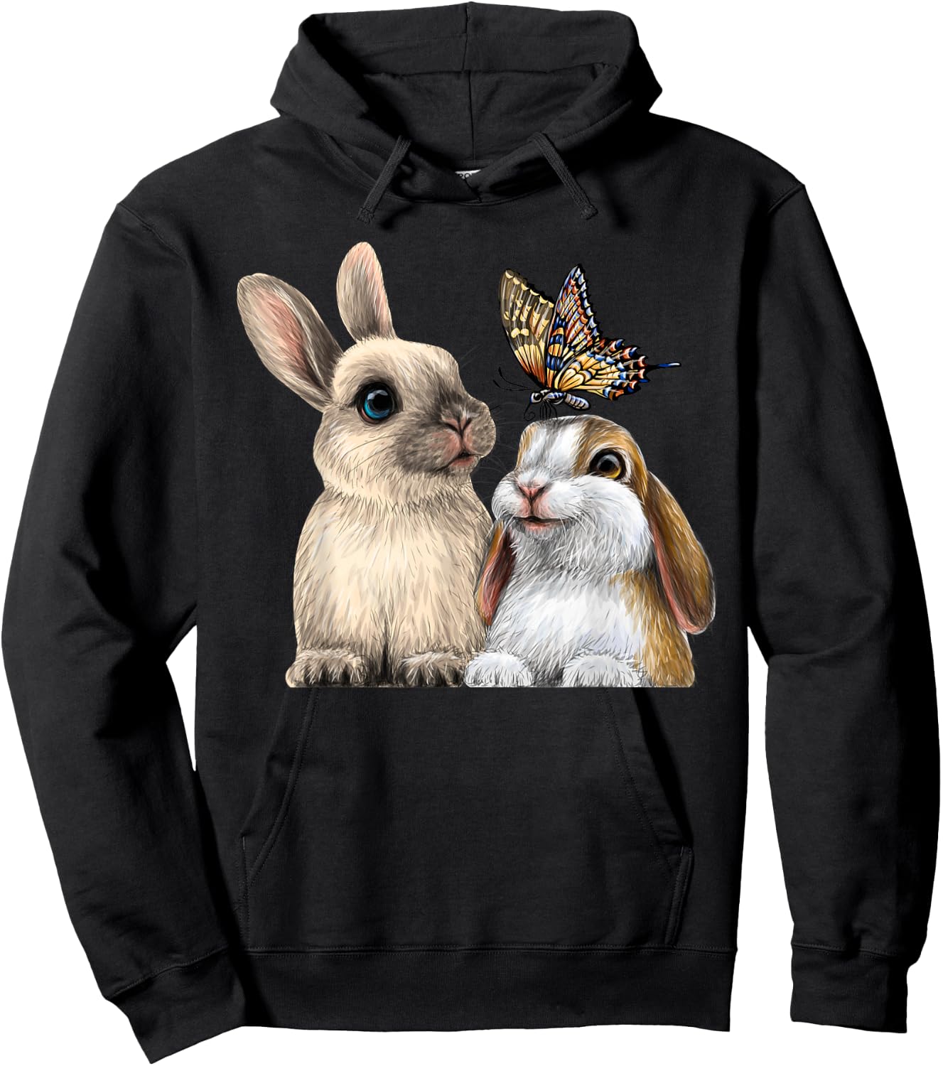 two cute Little rabbits with a butterfly for lovers Bunny Hoodie - Hoodie | Black
