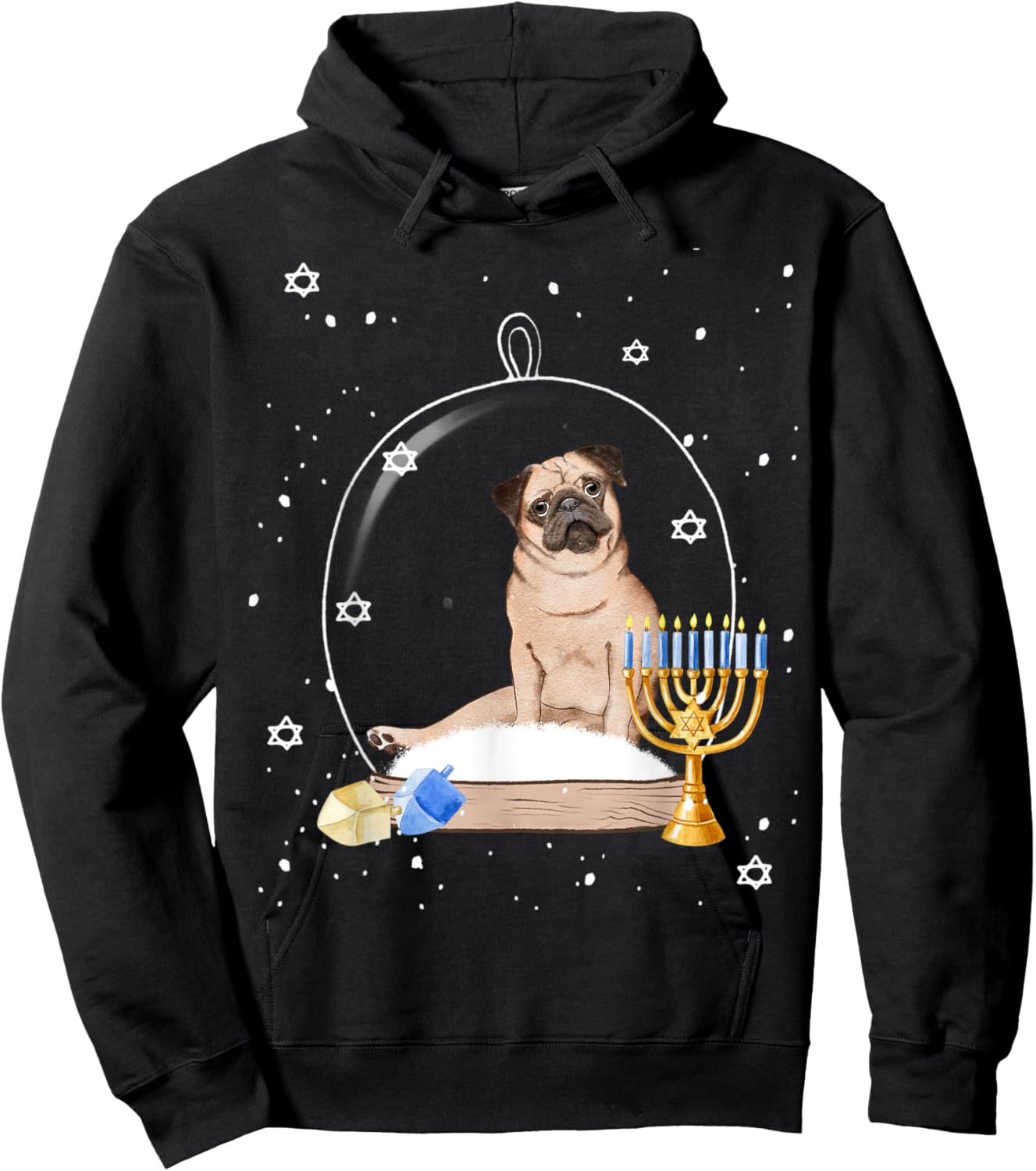 Hanukkah Pug Dog Snow Globe Pajama Women Kids Hoodie - Hoodie | Black