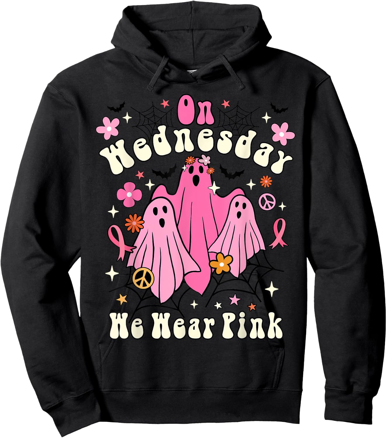 On Wednesday We Wear Pink Ghost Halloween Breast Cancer 2022 Hoodie - Hoodie | Black